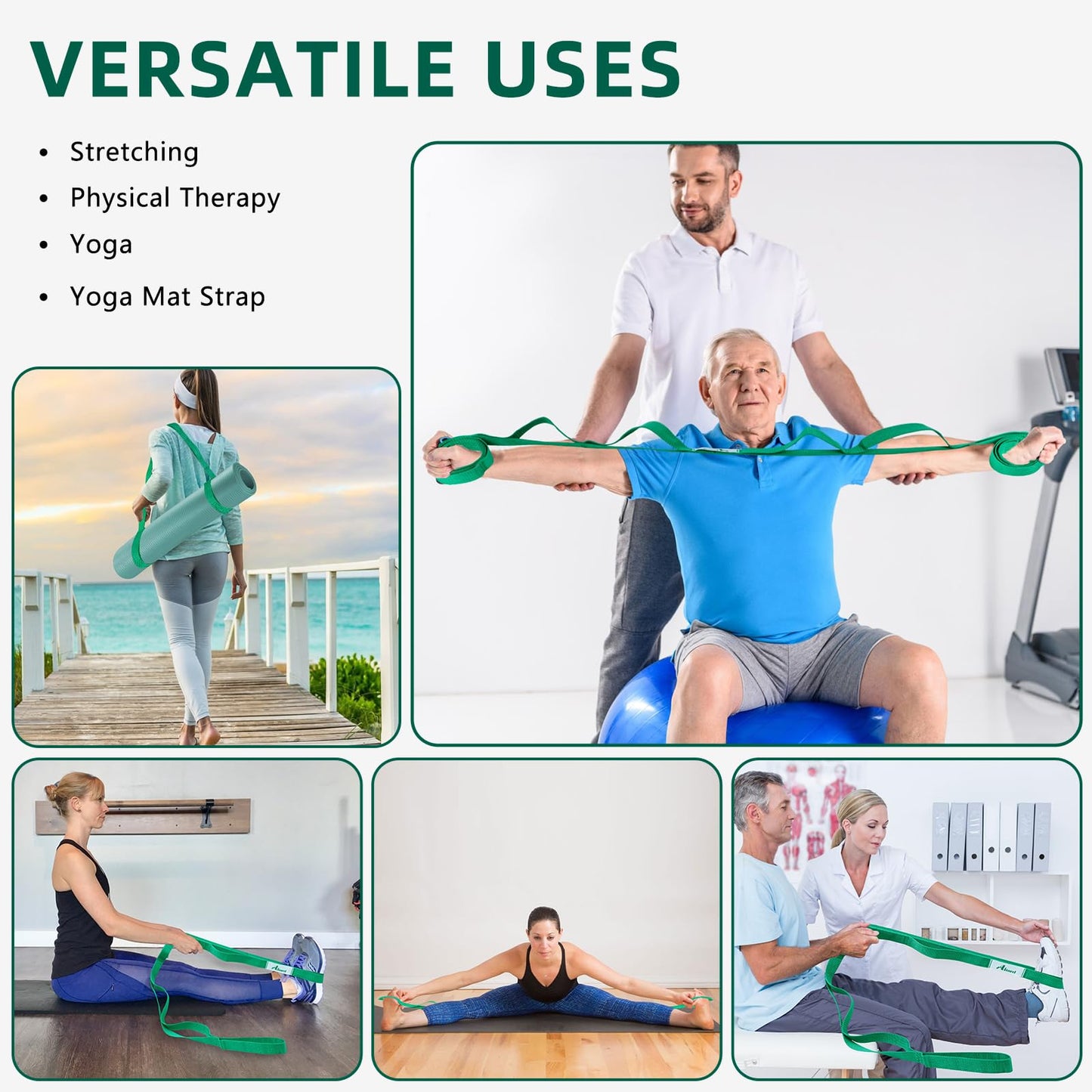 Abiarst Stretching Strap Yoga Straps for Physical Therapy, 10 Loops Non-Elastic Stretch Band for Pilates, Flexibility, Exercise and Gymnastics (Green)