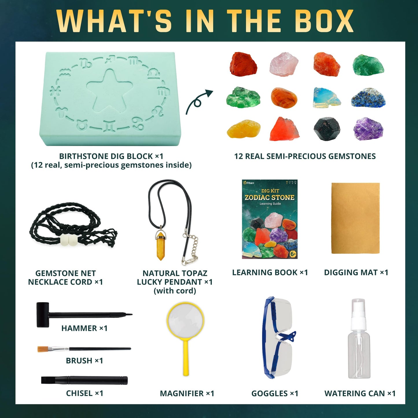 PIBEX Zodiac Stone Dig Kit, Excavate 12 Zodiac Gems & Crystals, DIY Birth Stone Necklace & Bonus Topaz Pendant, STEM Educational Geology Toy, Astrology Gifts for Kids 6-12, Tweens & Crystal Lovers