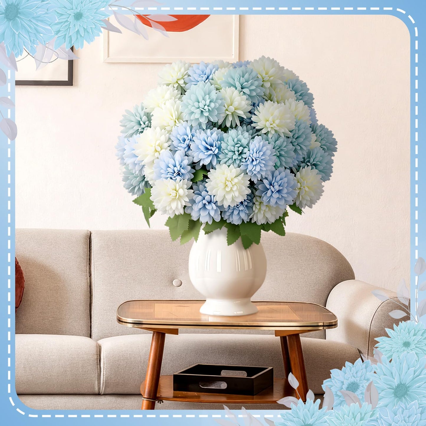 XunYee 12 Pcs Blue Artificial Flowers for Outdoor Decorations Spring Faux Chrysanthemums Mums Blue White Fake Flowers for Outside Garden Porch Window Patio Vase Table Wedding Home Decor