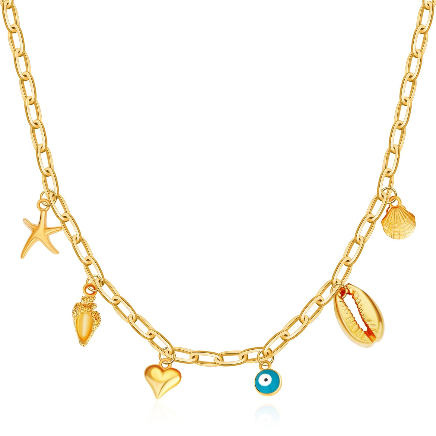 MISS RIGHT Charm Necklace for Women, Dainty Gold Evil Eye Ojo Heart Starfish Seashell Shell Charms Pendant Necklace Paperclip Chain Summer Beach Choker Necklace Jewelry Gifts