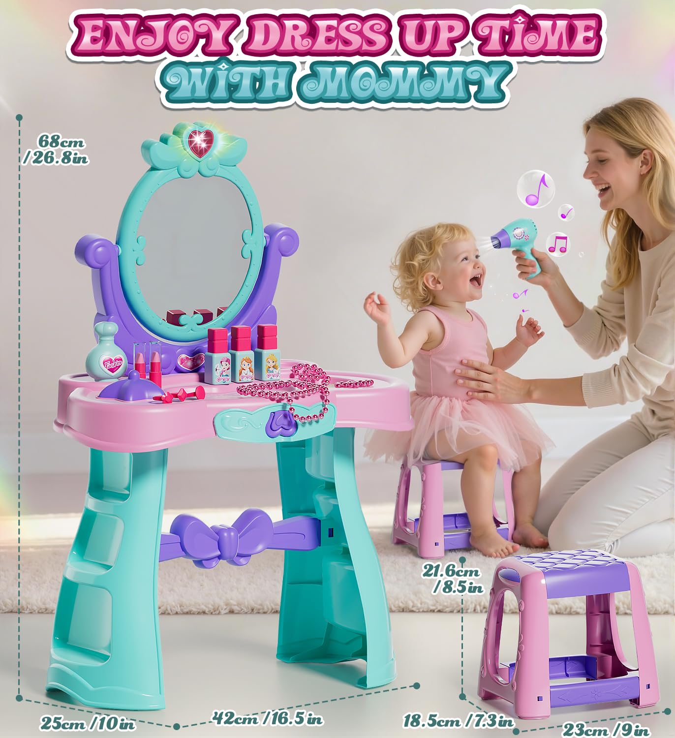 Lehoo Castle Kids Vanity Table and Chair Set with Mirror Light Music, Toddler Girls Makeup Table with Stool & Hair Dryer, Pretend Play Princess Dress Up Vanity Set, Birthday Gifts for 3 Year Old Girl