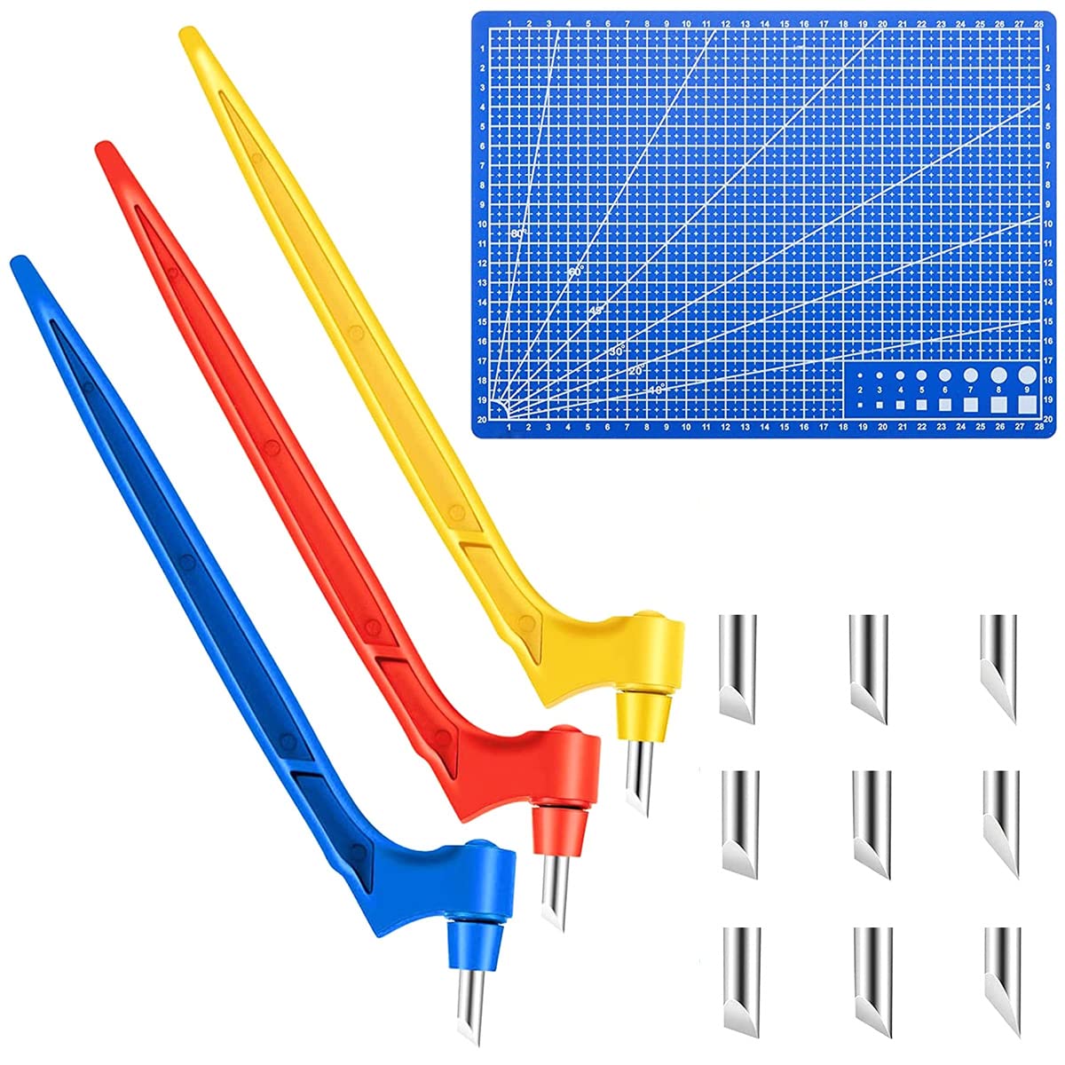 Craft Cutting Tools Kit Set of 3 ,360 Degree Rotating Cutting Tools Art Cutting Tools with Cutting Pen, 15°, 30°, 45° Blades Cutting Mat for DIY Craft Hobby Scrapbook Stencil(Yellow, blue and red)