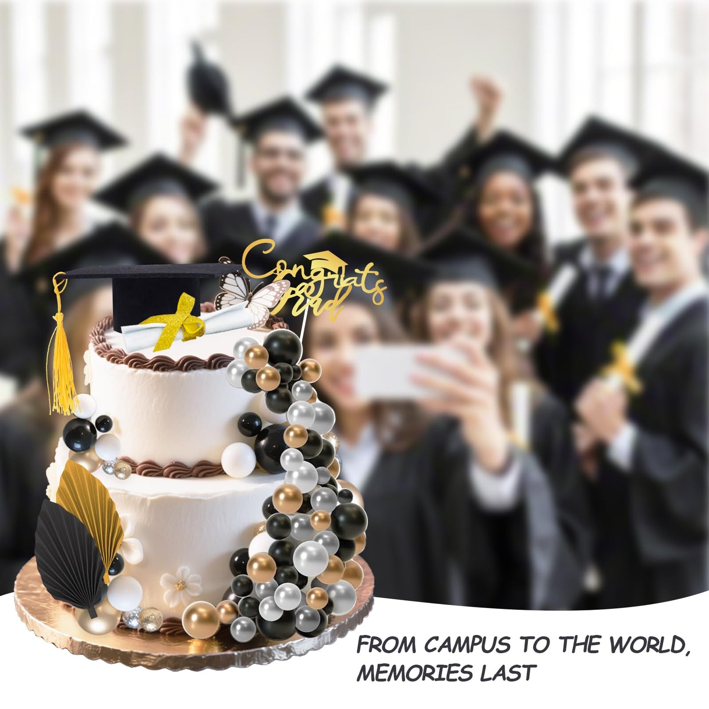 Graduation Cap Cake Topper Decorations Kit Included Cap Diploma Gold Congrats Grad Cake Topper Balls and Paper Palm Leaves Cake Decorations for Graduation Party Cake Decoration (Black)