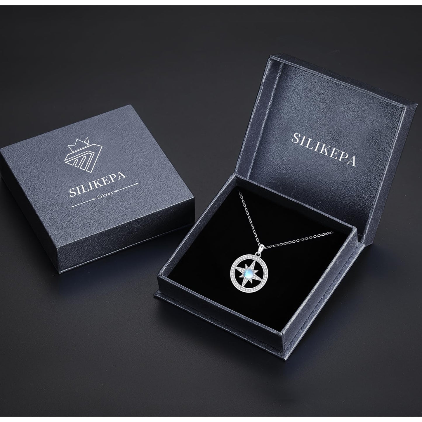 Silikepa Star Necklace for Women 925 Sterling Silver North Star Pendant Necklace Round Rotating Pendant with Moonstone Jewelry Gift for Women