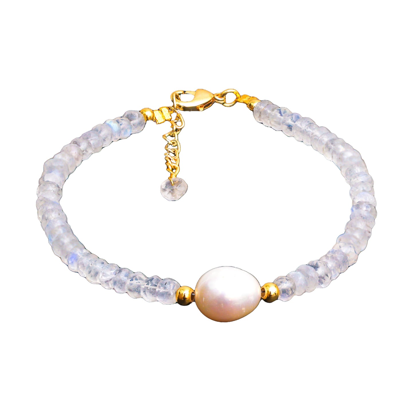 Gempires Moonstone Beaded Bracelets with Freshwater Pearls Crystal Jewelry June Birthstone Handmade Bracelets Hypoallergenic 7.5 Inch Gold Plated New Beginning Gemstone Jewelry