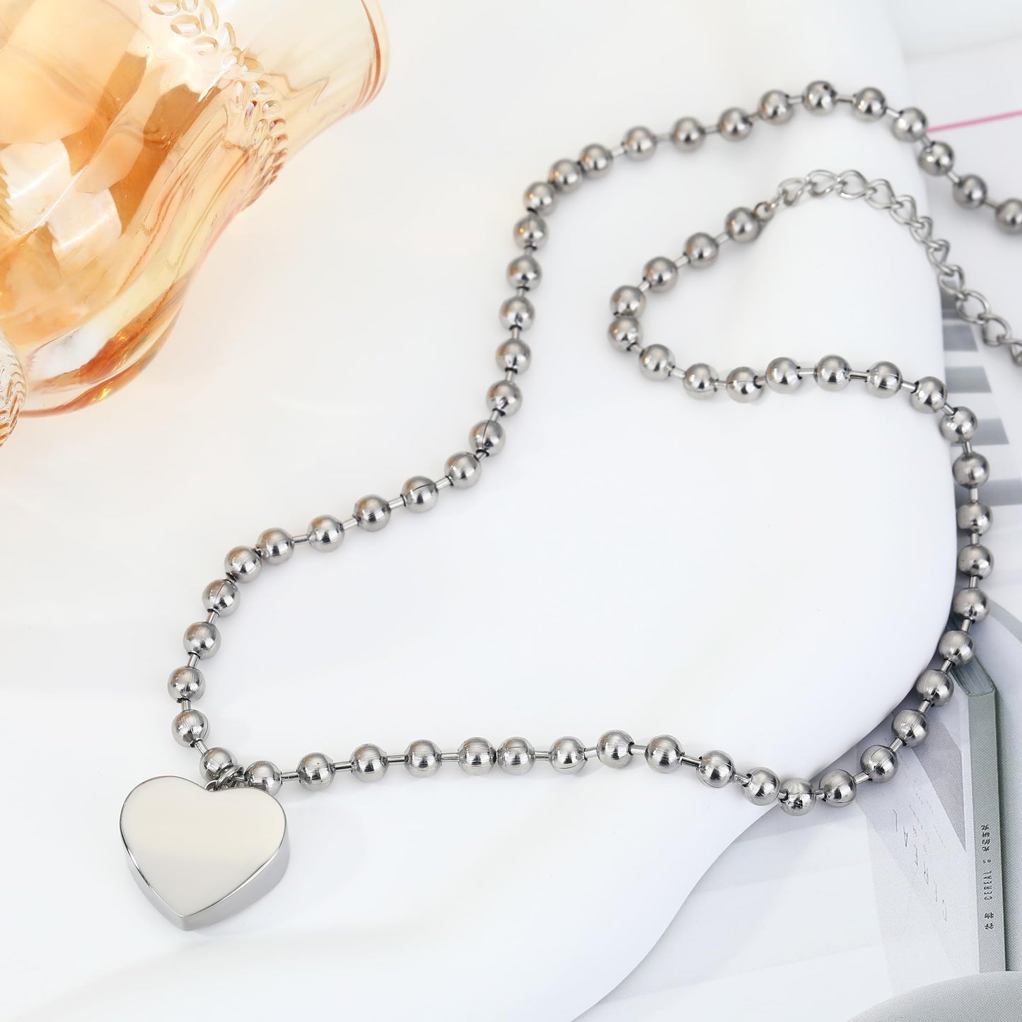 BONJOULRY Titanium Heart Necklace Silver, Chunky Heart Necklace for Women Titanium Steel Chunky Heart Necklaces Ball Beaded Chain Hypoallergenic Silver Charm Necklace Jewelry Gift for Women