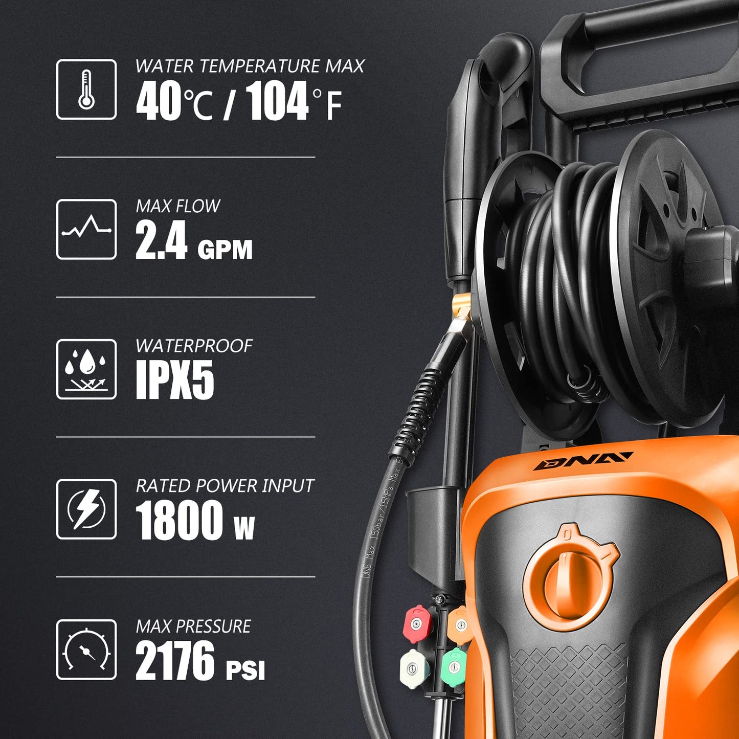 DNA Motoring TOOLS-00230 Up to 2176 PSI Pressure 2.4 GPM Max Flow Electric Pressure Washer for Yard and Car Cleaning with Spray Nozzle Foam Bottle + 4 Turbo Nozzles IPX5 Driveway Patio Deck(Orange)