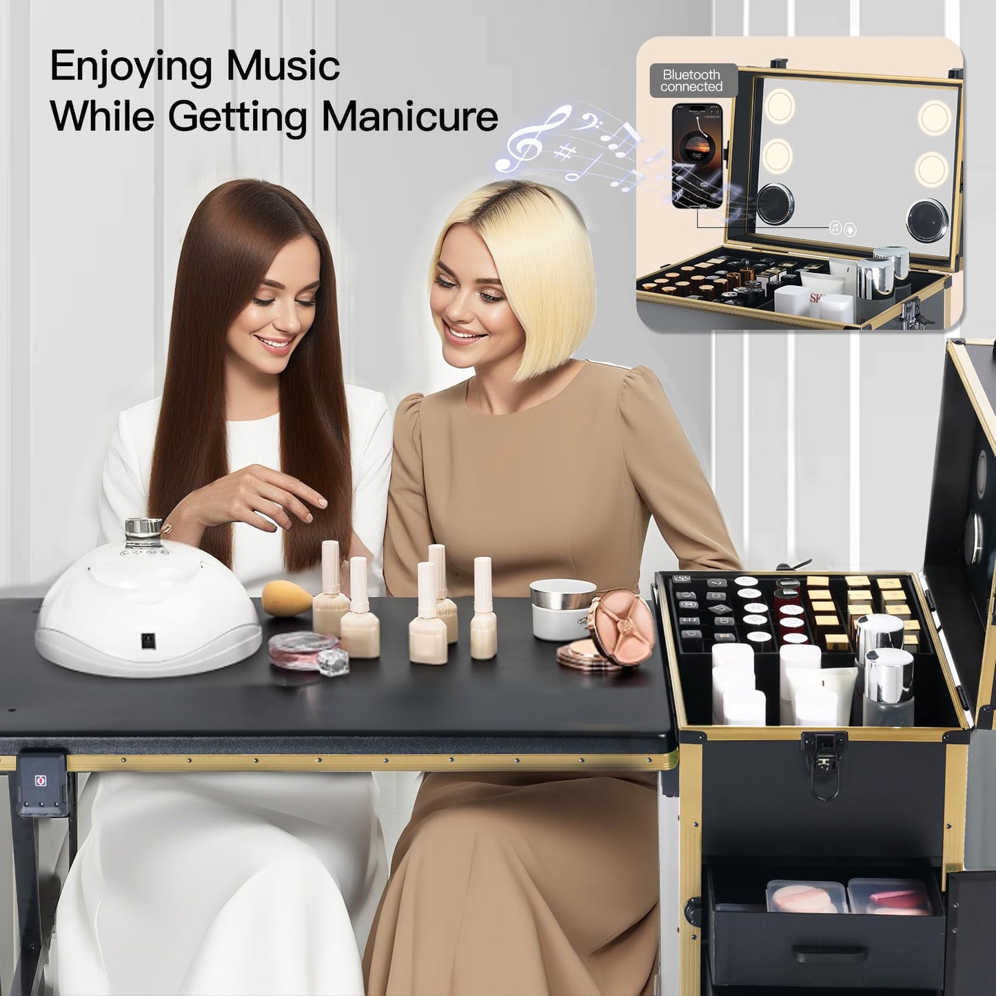 Rolling Portable Manicure Table with 3 Drawers, Lockable Makeup Train Case with Mirror & Nail Polish Organizer, Foldable Nail Desk with Wheels & Handle for Mobile Nail Techs & Salon Use, Gloden