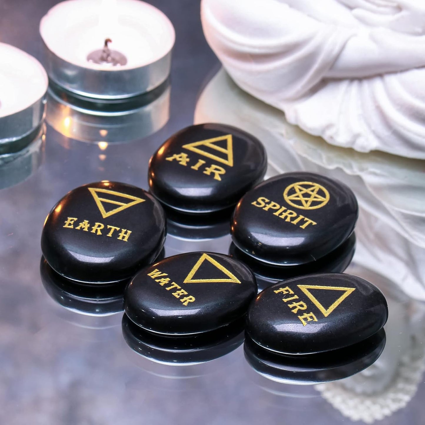 ZAICUS 5 Elements Black Tourmaline Engraved Stones Set, Polished Crystal Stones with Earth Air Fire Water Spirit Symbols for Reiki Healing, Chakra Balancing, Meditation, Spiritual Decor & Gift