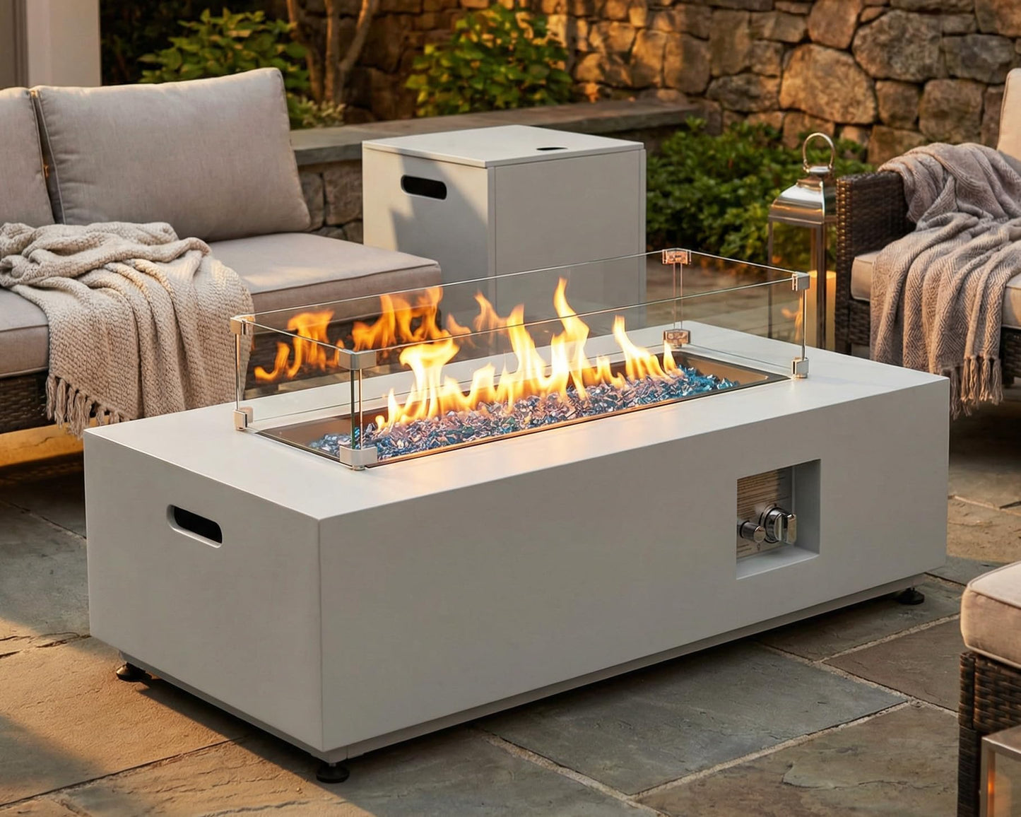 NICESOUL 42" Outdoor Propane Fire Pit Table, 50,000 BTU Rectangle Natural Gas Firepit with Tank Table, No Assembly Low Profile Fire Table for Outside Patio & Backyard, CSA Certified, Grayish White