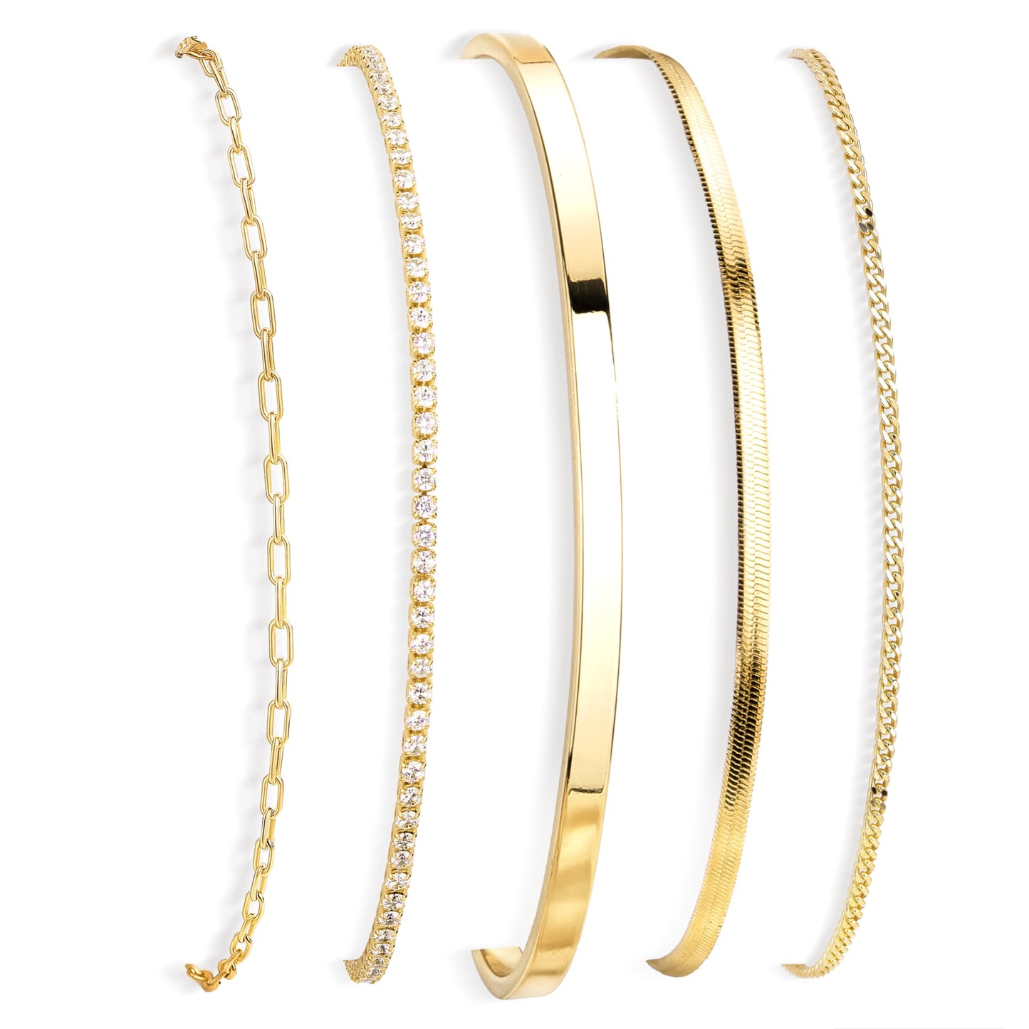 Gold Bracelets for Women 14K Gold Plated 5Pcs Dainty Bracelet Set - Waterproof Tarnish Free Stainless Steel Jewelry - Quiet Luxury Stackable Paperclip Herringbone Cuban Tennis Cuff Chain Gifts