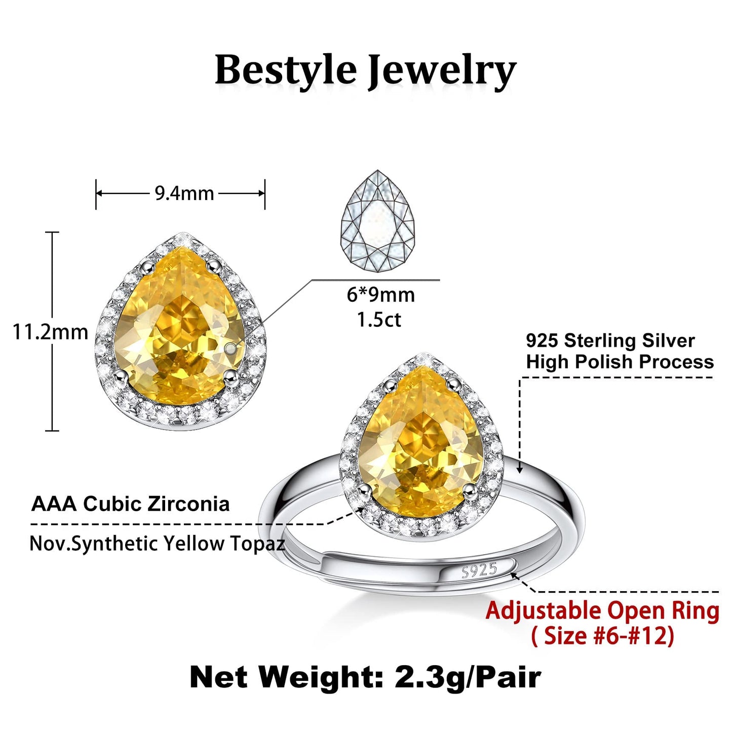 Bestyle S925 Sterling Silver Teardrop Crytsal Rings, Dainty November Critine Crystals Birthstone Rings, Anniversary/Mother’s Day/Birthday Jewelry Gifts for Women Mom/Wife/Sister/Best Friend