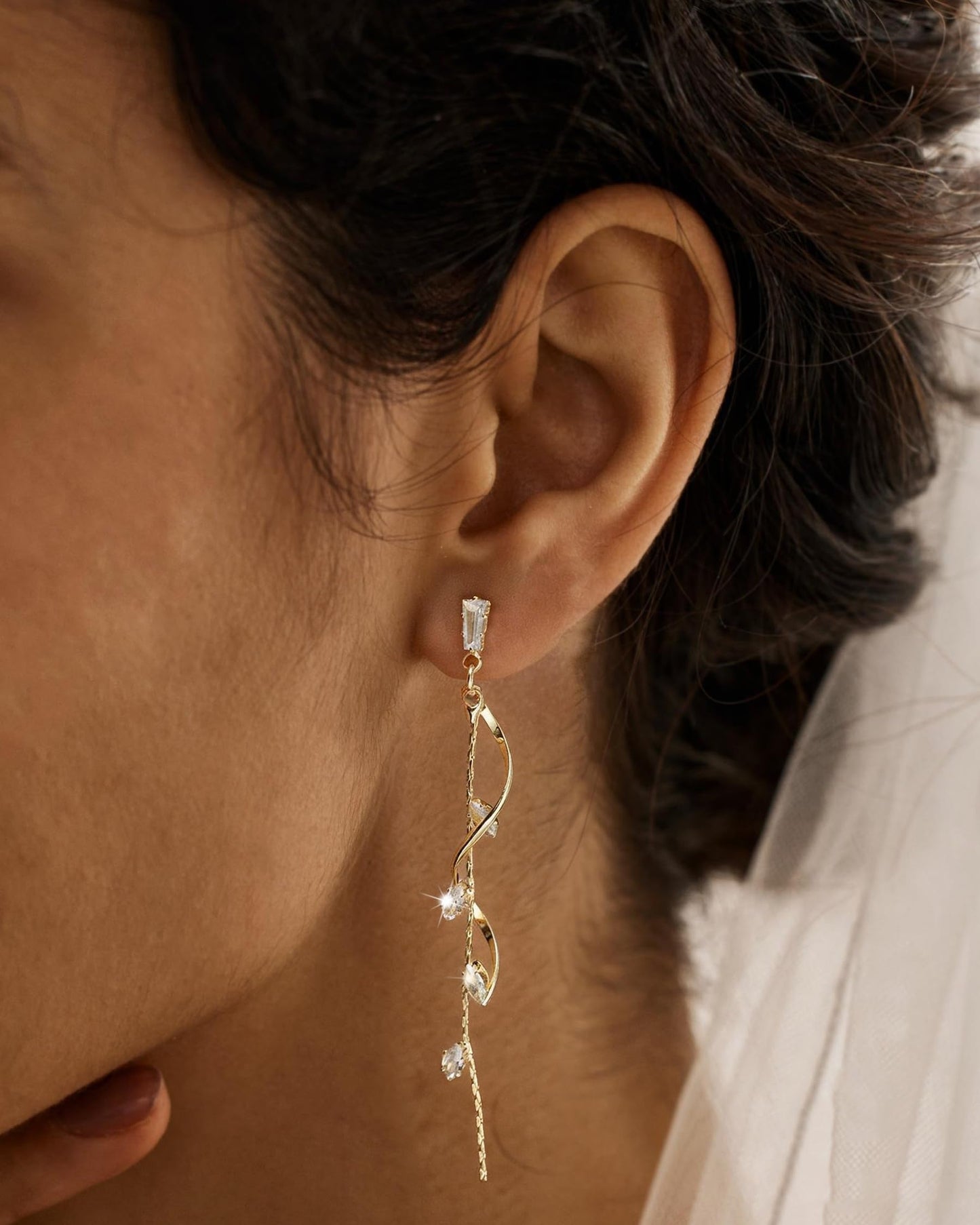 Asdecy Dangle Earrings for Women 14K Gold Plated Drop Long Dangle Cubic Zirconia Elegant Prom Bridal Bridesmaid Wedding Anniversary Dangling Trendy Jewelry