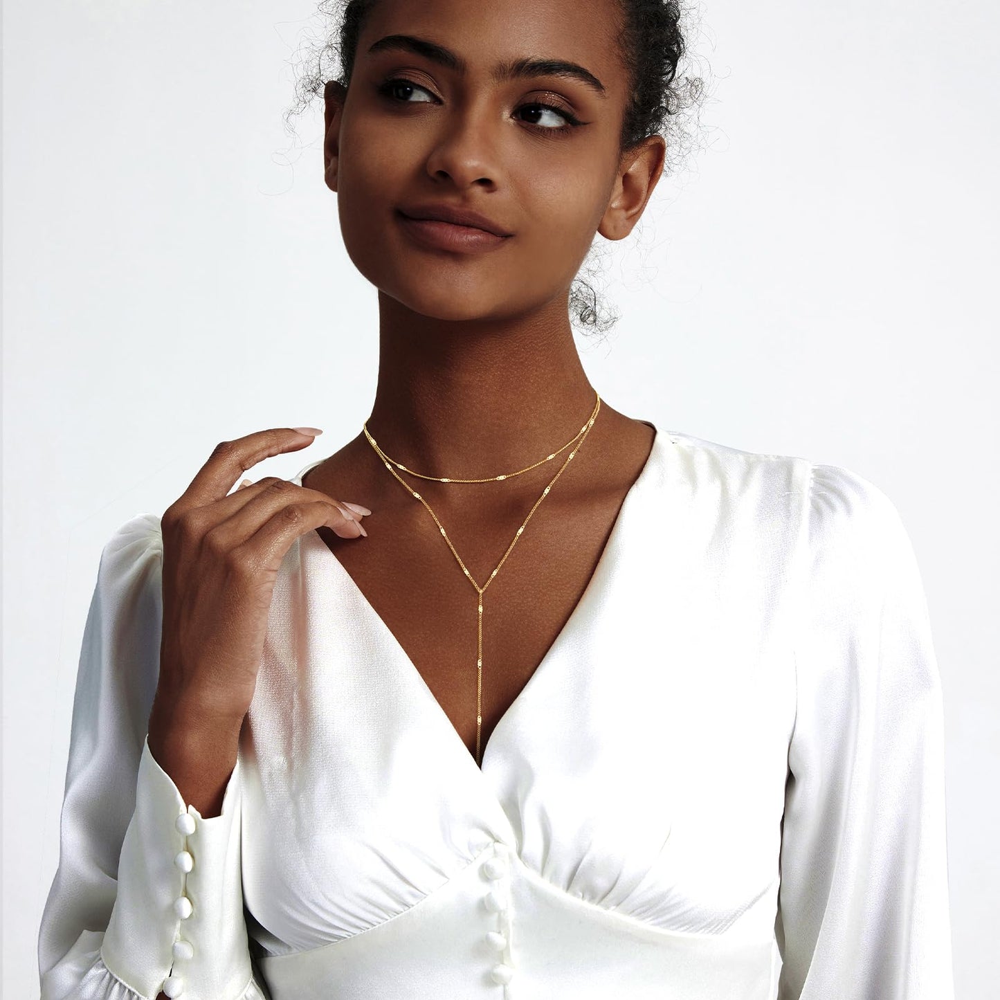 Zeffy Dainty Long Gold Necklaces for Women Trendy Lariat Y Necklace 14k Gold Plated Layered Bar Drop Necklaces Simple Y-Shaped Chain Jewelry Gift