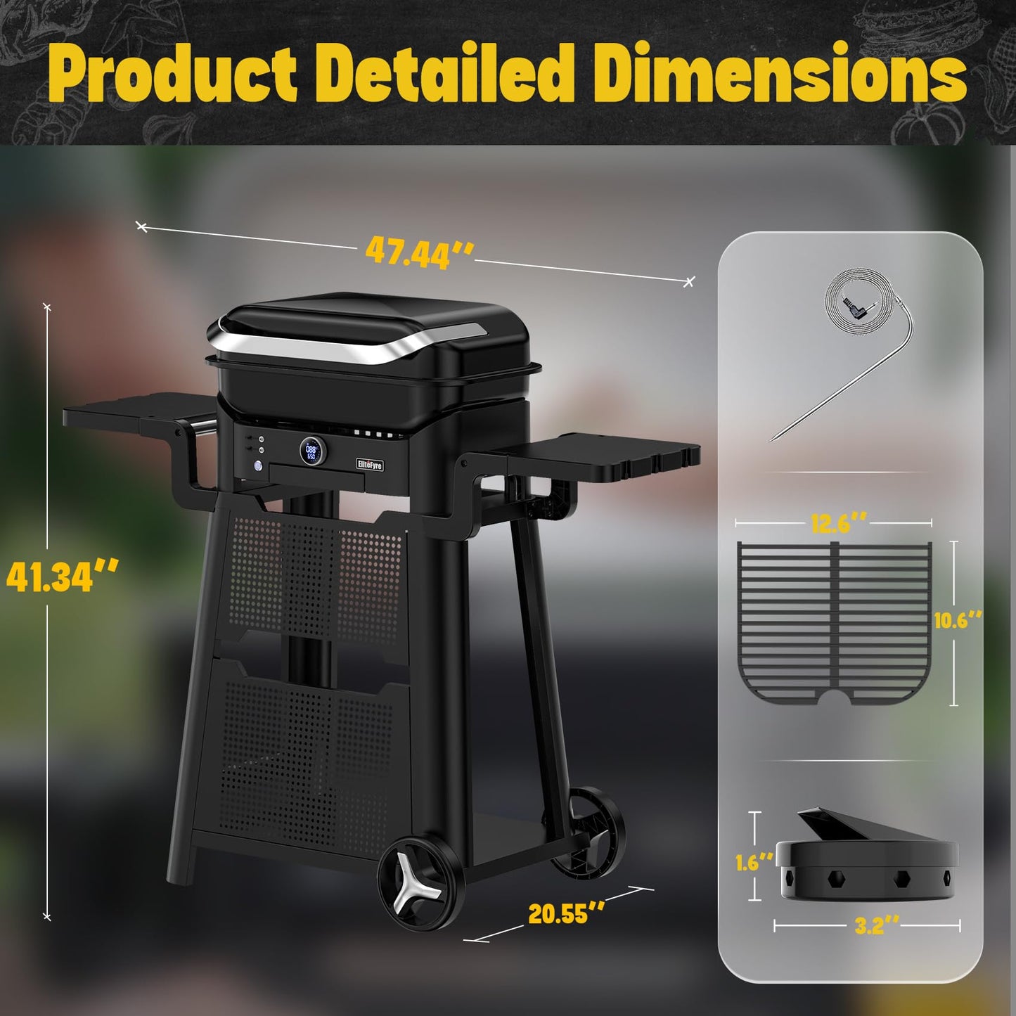 EliteFyre Volteq Smart Electric Grill with Cart - 1500W, 650°F, No Smoke Indoor/Outdoor BBQ, Digital Control & Meat Probe, Perfect for Apartment Balcony, Patio, Deck