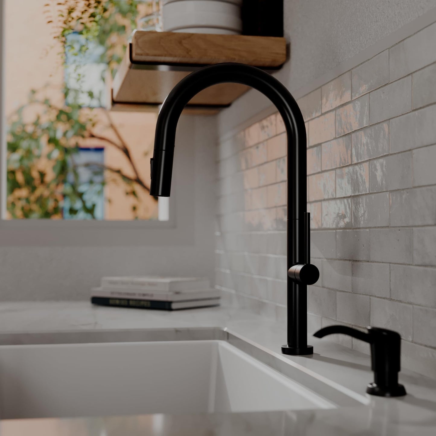 Karran Brynford Matte Black Pull-Down Kitchen Faucet, Single Handle High-Arc Design, 2-Function Spray Head, Modern 25mm Thin Profile, 26½″ Braided Retractable Hose