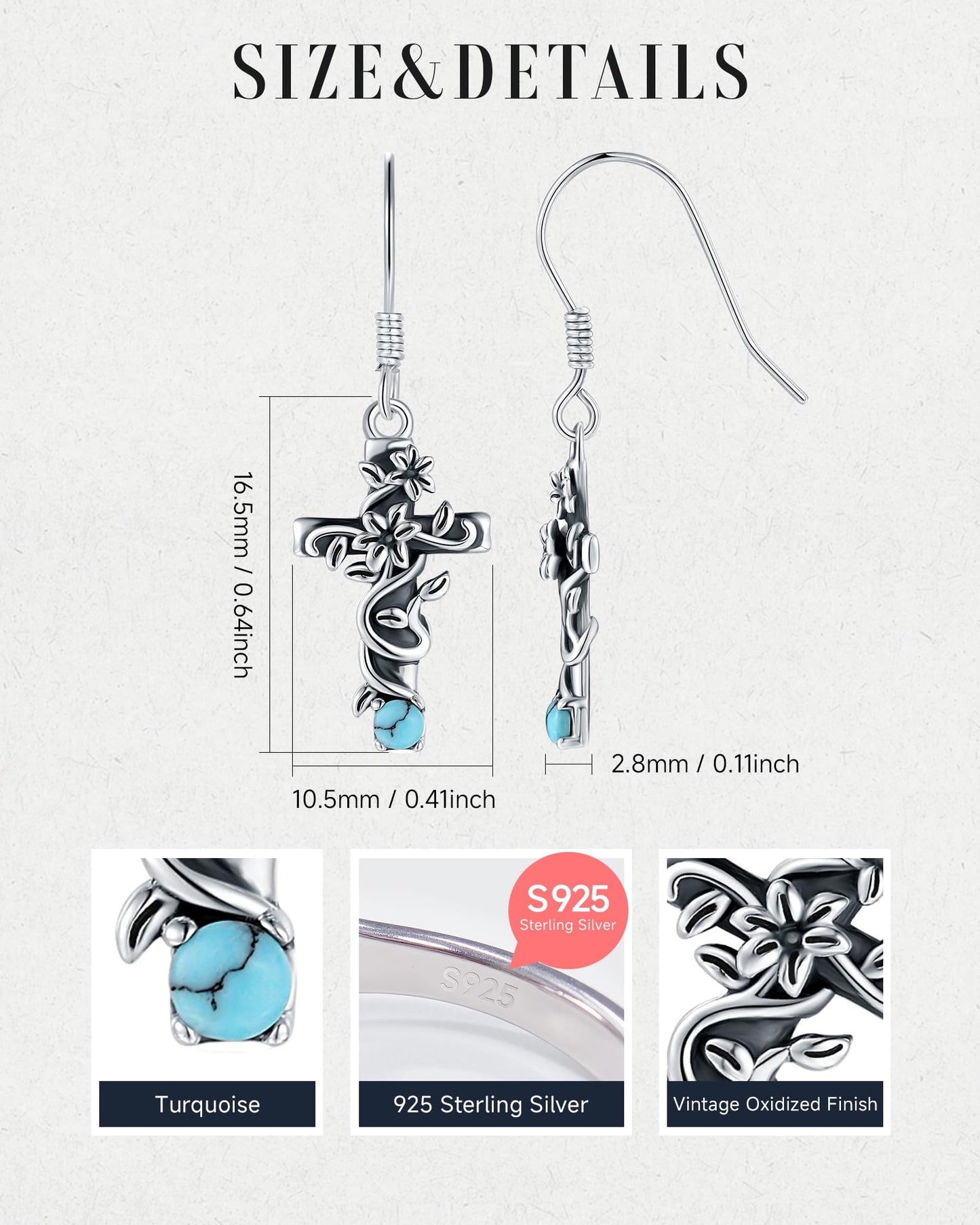 S925 Sterling Silver Turquoise Dragonfly Sunflower /Hummingbird/Butterfly/Cross/Anchor Earring Vintage Bohemian Jewelry Natural Drop/Stud Earrings Birthday Jewelry Gifts for Women (Teardrop Turquoise Cross Earrings)