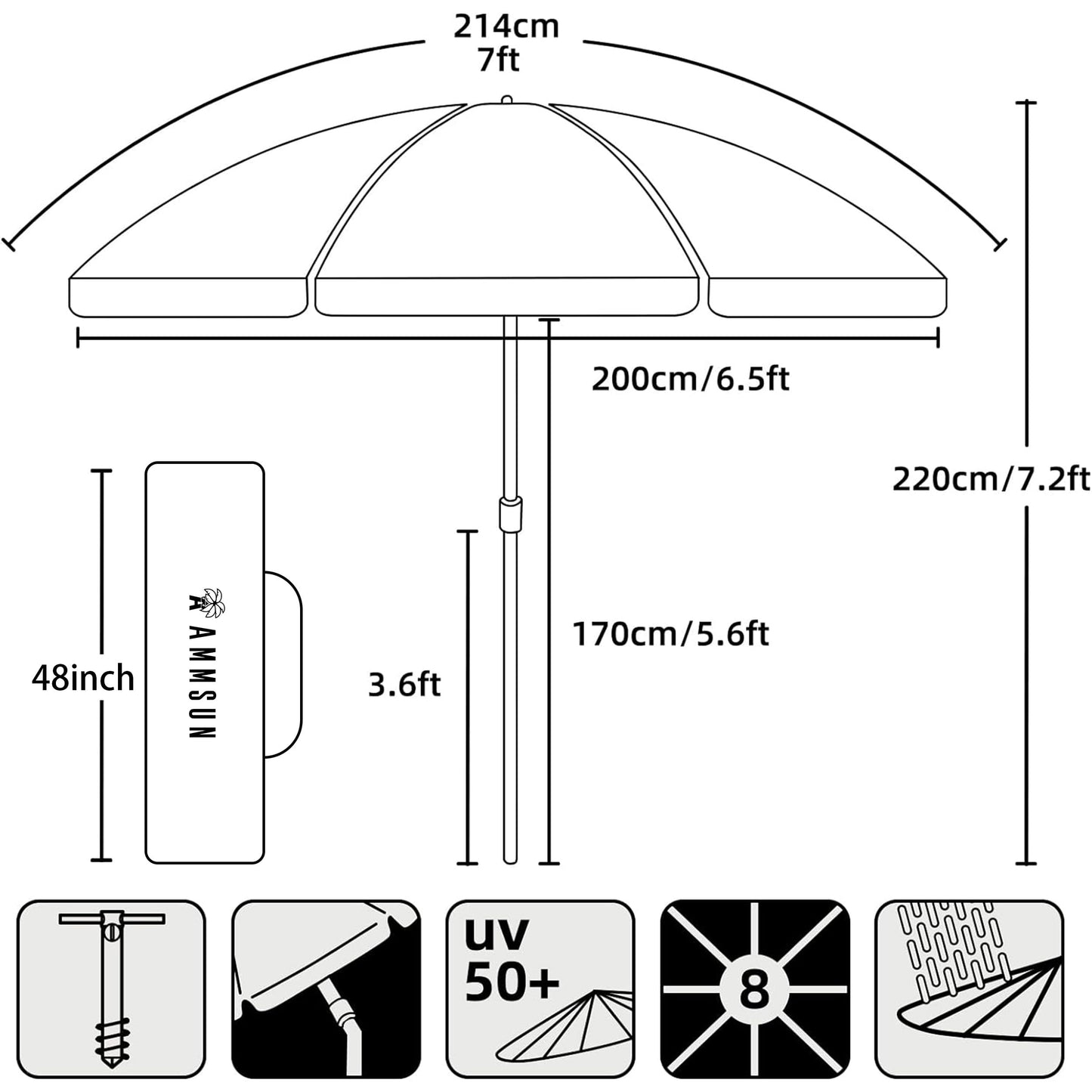 AMMSUN 7ft Heavy Duty High Wind Beach Umbrella with Sand Anchor & Tilt Sun Shelter UV 50+ Protection Outdoor Sunshade Umbrellas Carry Bag for Patio Garden Pool Backyard Teal