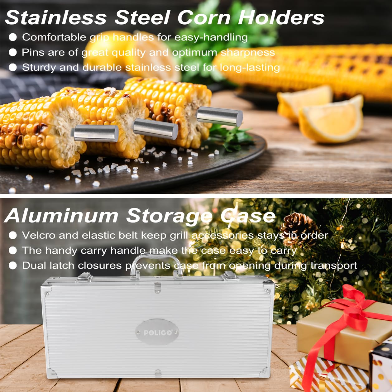 POLIGO 22PCS Heavy Duty BBQ Grill Accessories Set, Non-Slip Grill Tools for Outdoor Grill Set Stainless Steel Grill Utensils Set, Deluxe Grilling Tools Set in Aluminum Case Ideal Gifts for Men Silver