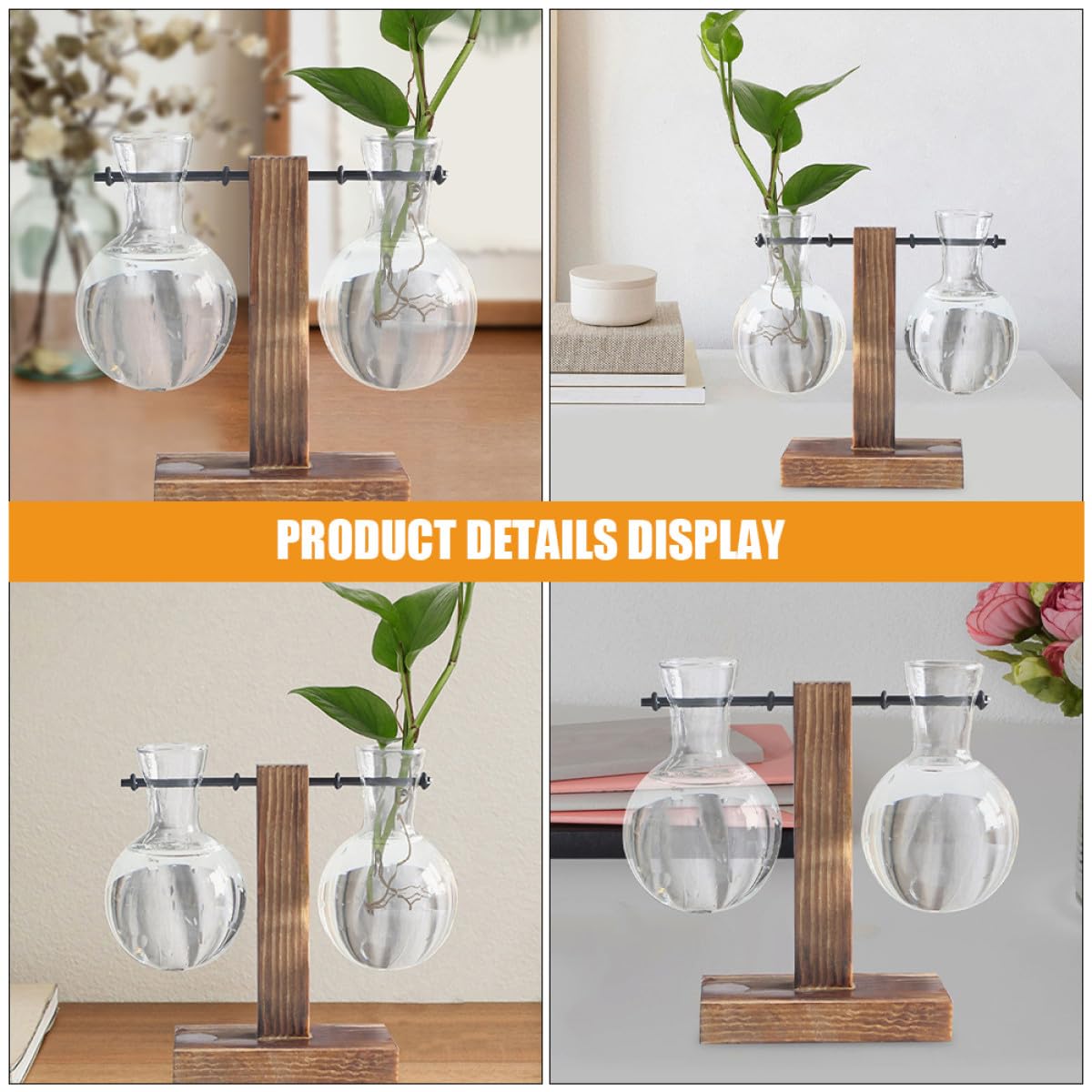 ARTIBETTER 3Pcs High Borosilicate Glass Hydroponic Vase with Holes on Wooden Stand, Desktop Glass Flower Planter for Plant Propagation and Terrarium Arrangement