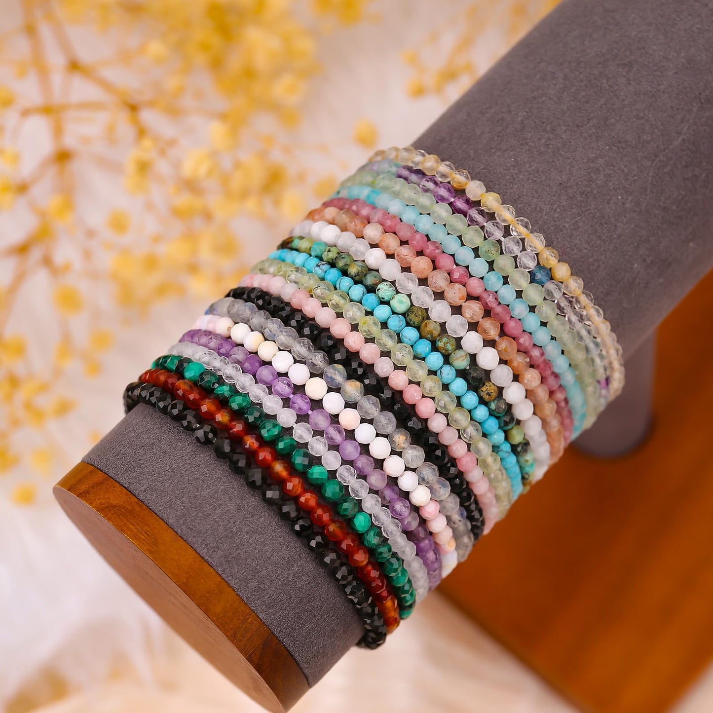 BONNY BOXX Natural Genuine Gemstone Faceted Round Beads Bracelets, 3mm Adjustable Stretchy Tiny Faceted Amethyst Bracelet, Healing Crystal Reiki Chakra Dainty Jewelry Fashion Gifts