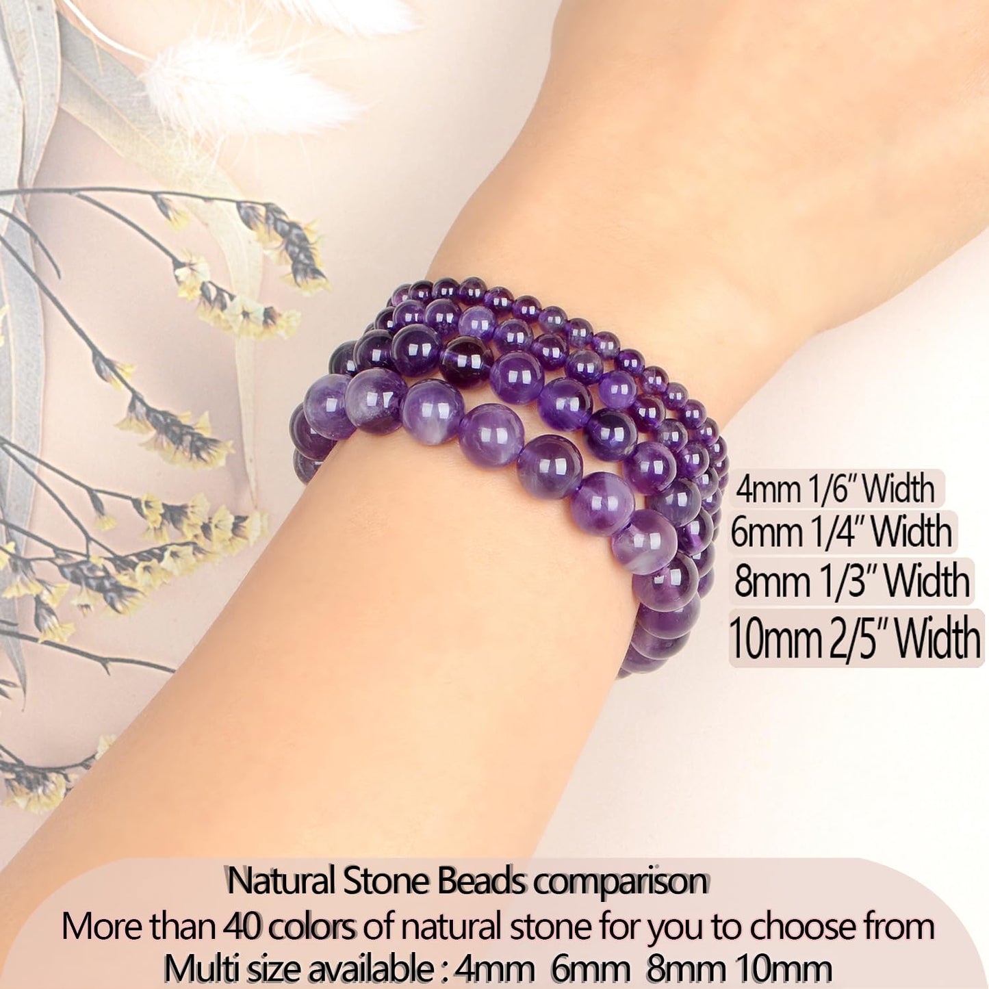 LPBeads Handmade Natural Gemstone Stretch Elastic 8m Amethyst Bracelet Healing Crystal Round Stone Beads Jewelry Gifts for Women Men