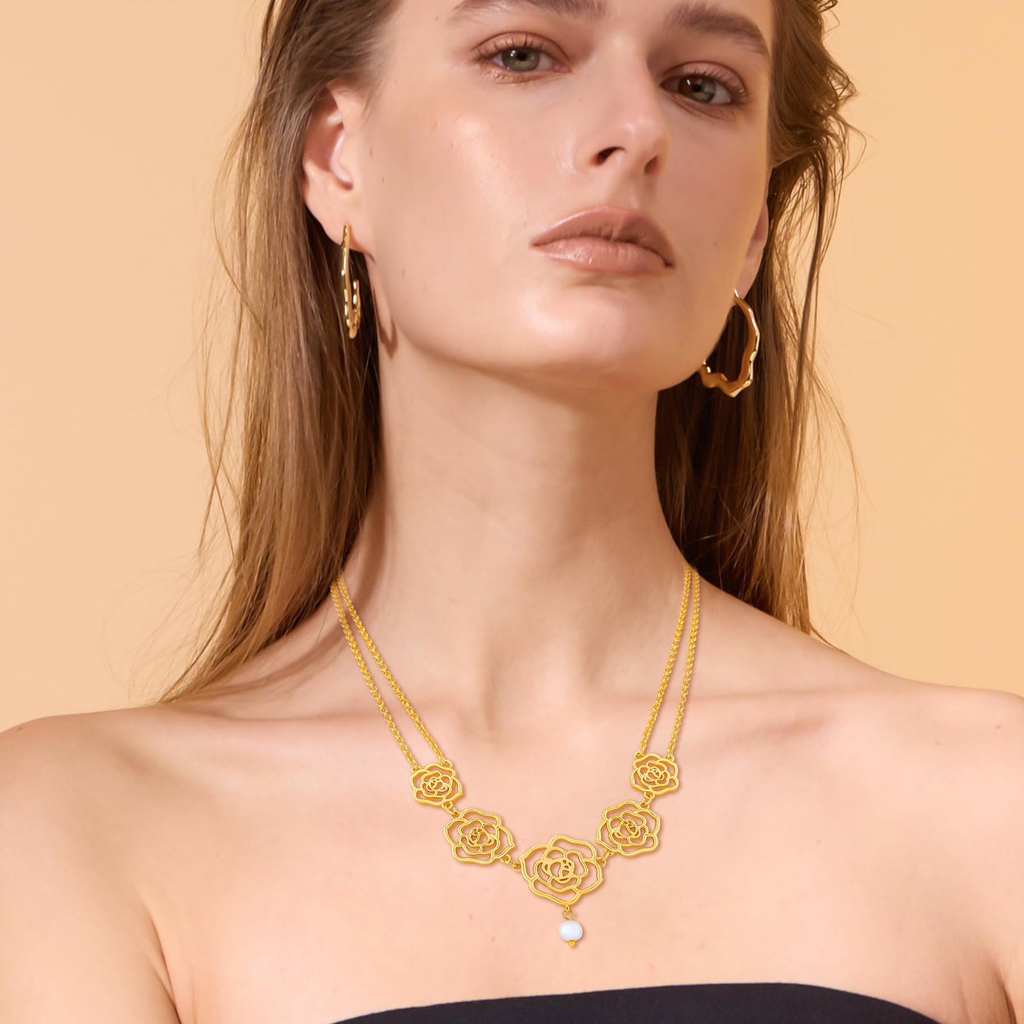 Rose Charm Necklace for Women, Romantic Double Chain Necklace with Hollow Rose Design and Glass Pearl Pendant, Elegant Gifts for Weddings, Dates, and Special Occasions