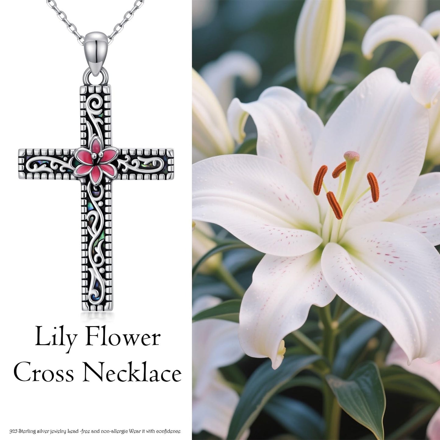 KoyeKei Lily Cross Necklace for Women 925 Sterling Silver Lily Flower Pink Filigree Necklaces Pendant Christian Faith Jewelry with Abalone Shell Gifts for Mom Lover Mothers Day Birthday Graduation
