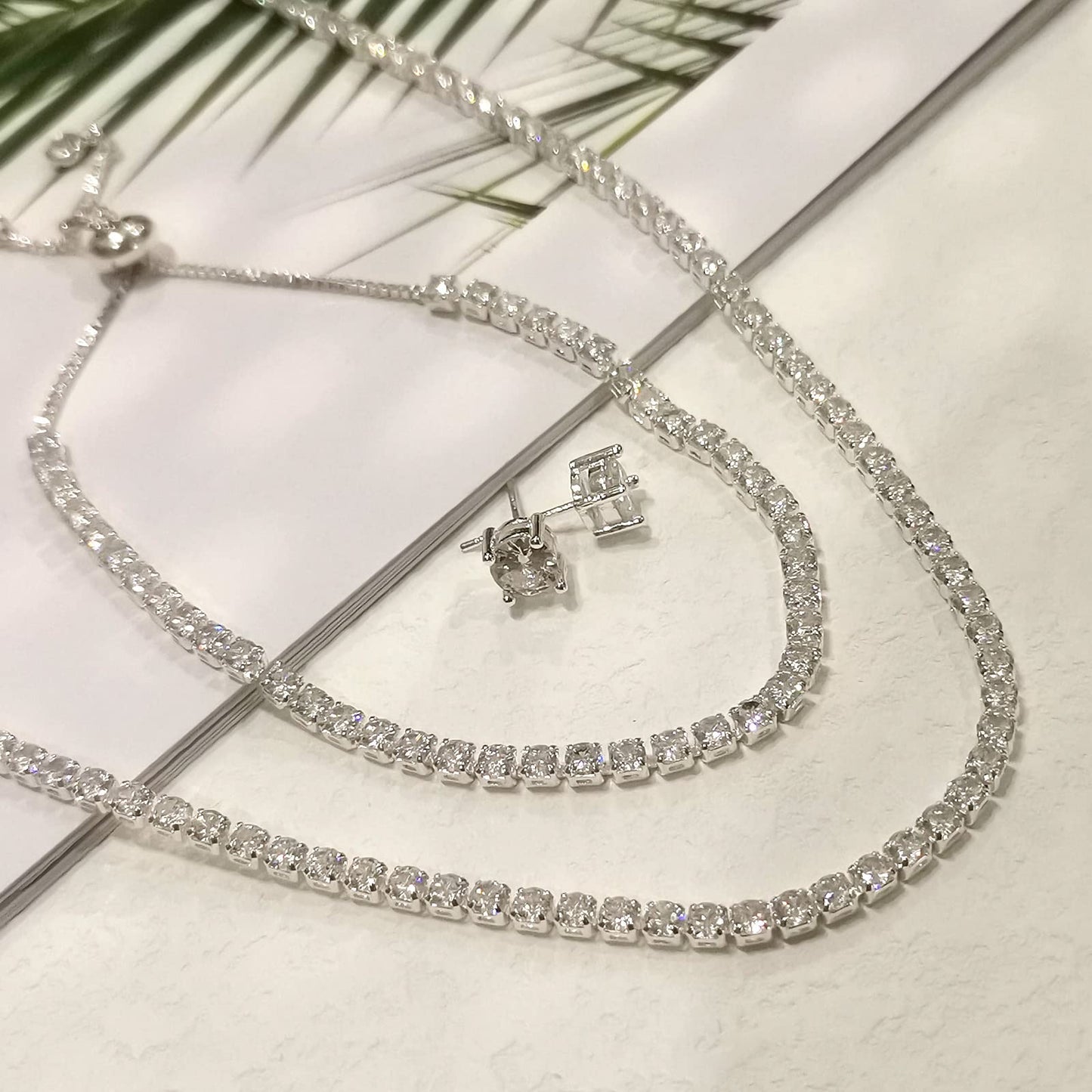 Zeffy Tennis Necklace Jewelry Sets for Women, White Gold Plated Jewelry Set with White AAA Cubic Zirconia, rhinestone choker necklaces, Bridal Jewelry Set for Wedding