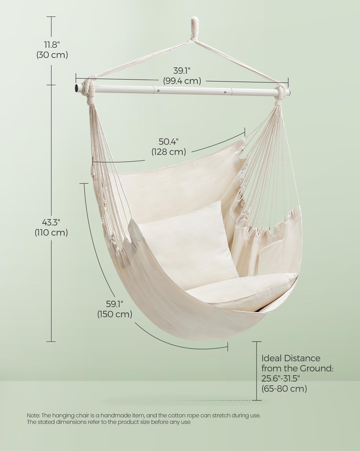 SONGMICS Hammock Chair, Load Capacity 500 lb, Hanging Chair with 2 Cushions, Large Hammock Swing with Chain and Pocket, for Indoor, Outdoor, Living Room, Bedroom, Cream White UGDC197M01