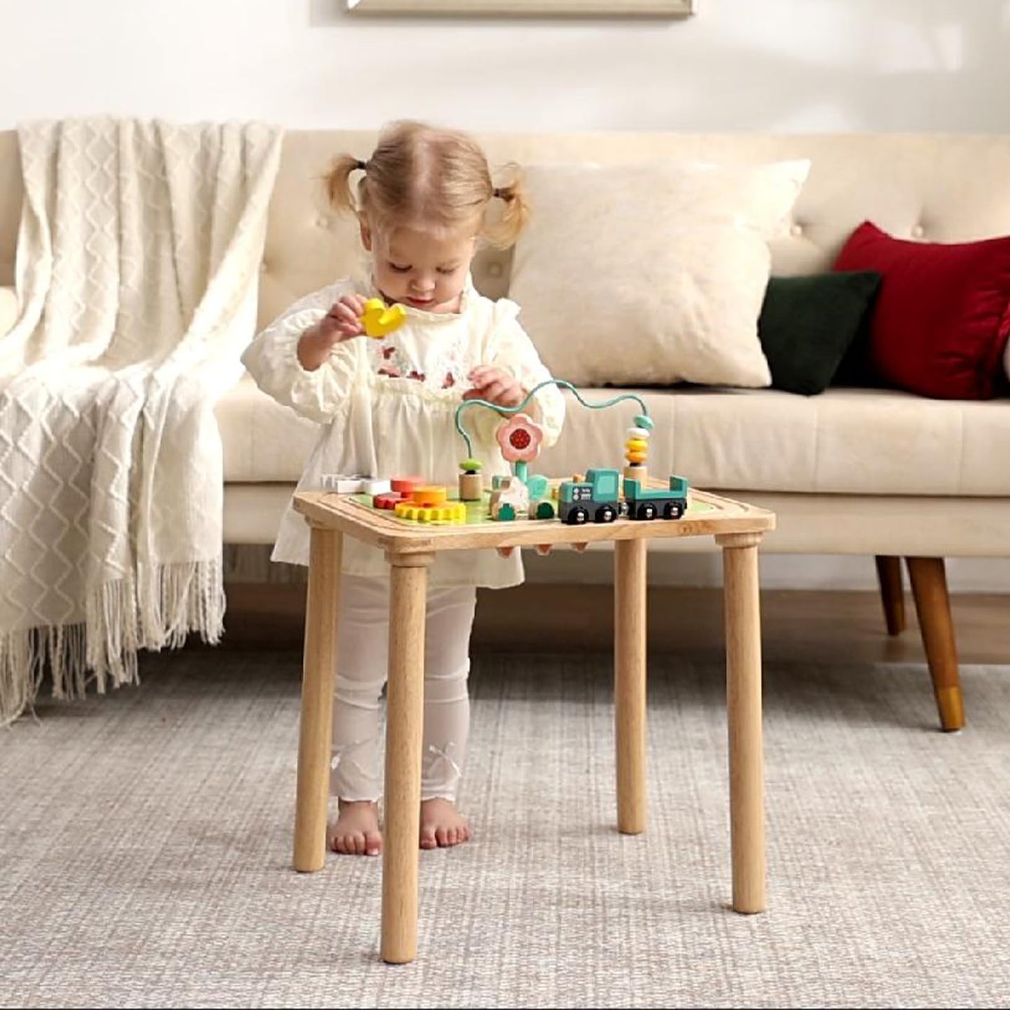 3-in-1 Baby Activity Table for 6-36 Months Old Kids Wooden Activity Center Sensory Play Table for Toddlers with Bead Maze Shape Sorter Montessori Toys Sand Table Must Have Birthday Gift for Girls Boys