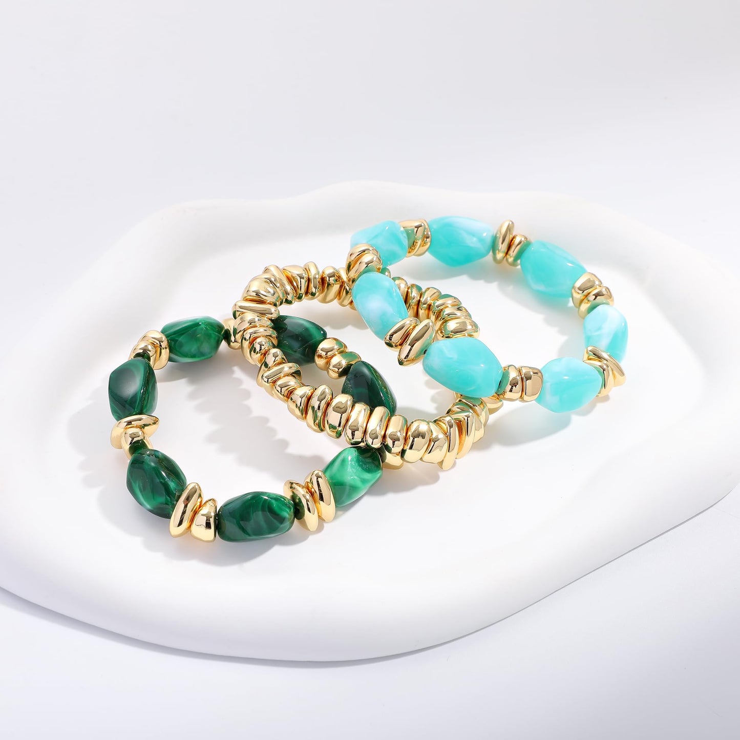 Sajidos Gold Plated Beaded Bracelets for Women Trendy, 14K Gold Plated Stack Cross Pearl Gold Plated Bead Stretch Bracelets Set Elastic Hypoallergenic Bracelets Jewelry Gifts (style13-bluegreen)