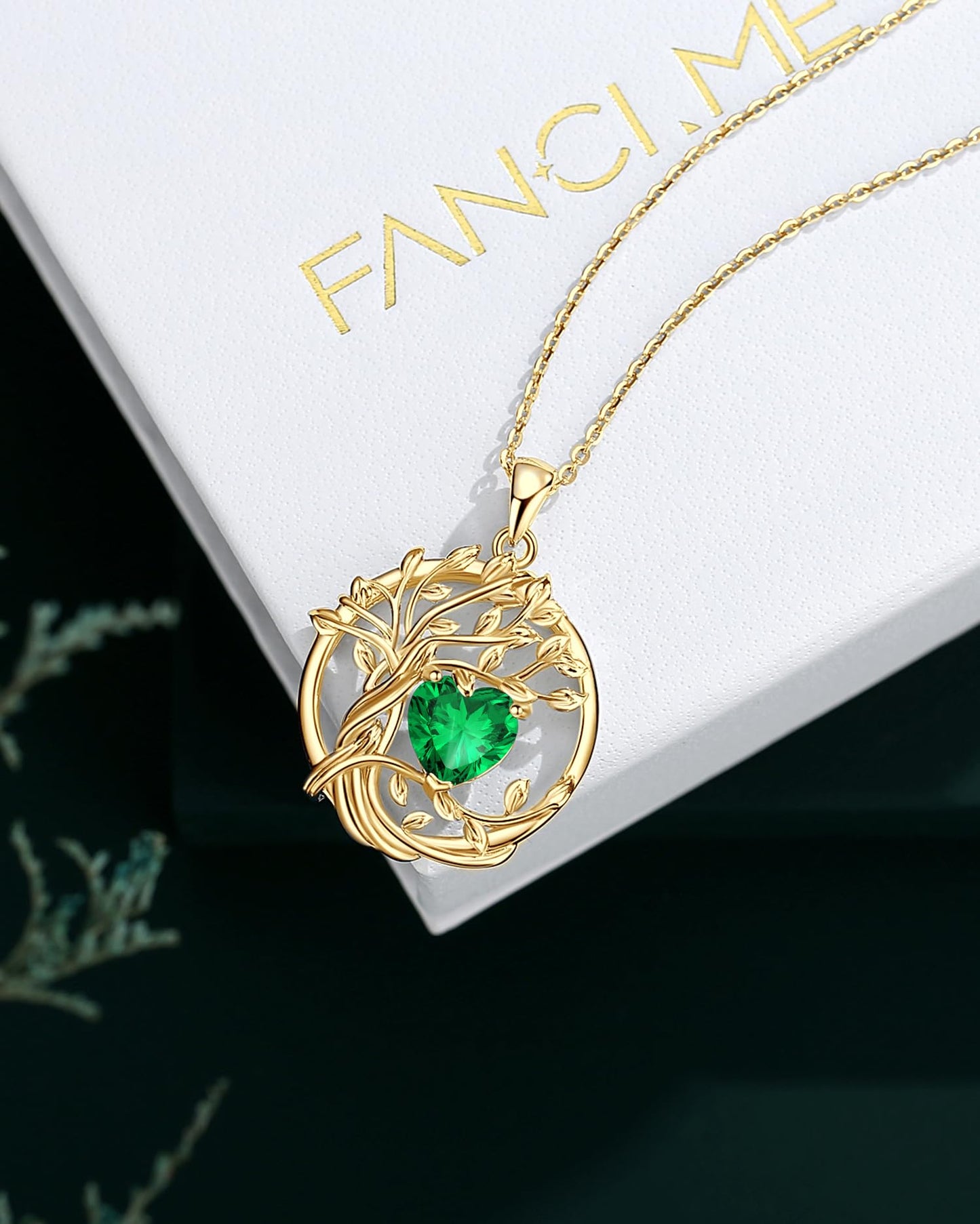 FANCIME Tree of life Birthstone Necklace for Women Sterling Silver Yellow Gold Plated Emerald Pendant May Birthday Green Gemstone Anniversary Mothers Day Gifts for Mom Girlfriend Wife Her