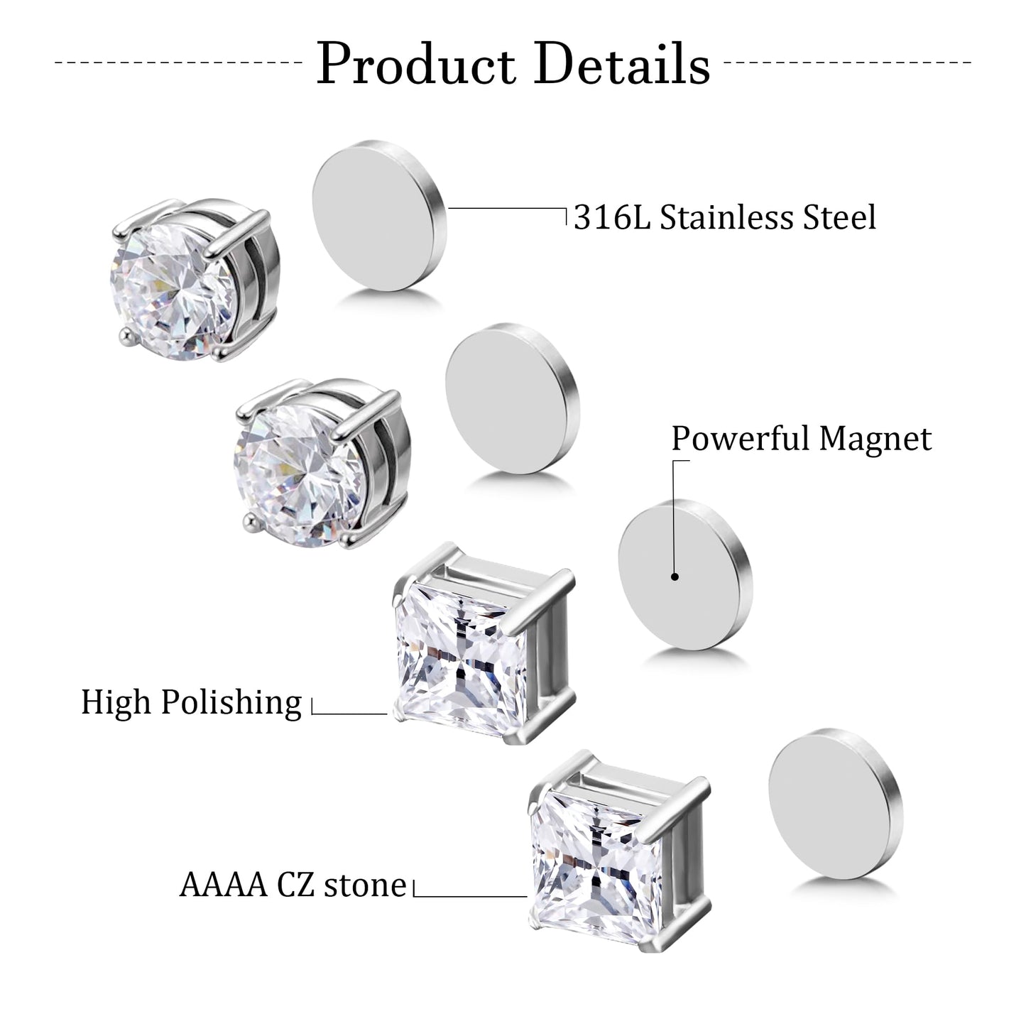 Trinckle Magnetic Earrings for Men and Women, 4 Pairs Clip on Earrings Silver Stainless Steel Studs Hypoallergenic Ear Cuffs Non Piercing Magnet Cubic Zirconia Studs Silver Jewelry