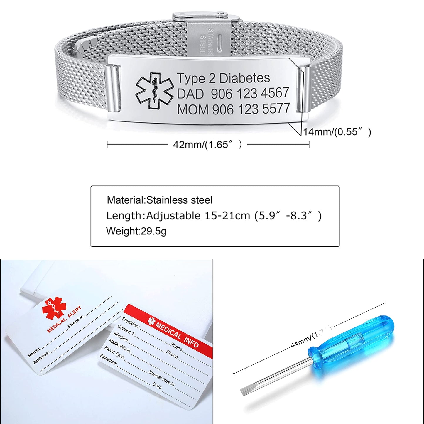 VNOX SEIZURES Medical Alert Bracelets for Men & Women s with Adjustable Stainless Steel Mesh Emergency Medical ID Bracelets Wristband