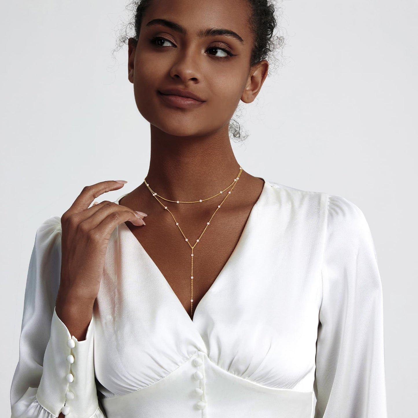 Zeffy Dainty Long Gold Necklaces for Women Trendy Pearl Lariat Y Necklace 14k Gold Plated Layered Beaded Drop Necklaces Simple Handmade Bar Pearl Pendant Y-Shaped Chain Jewelry Gift Wedding