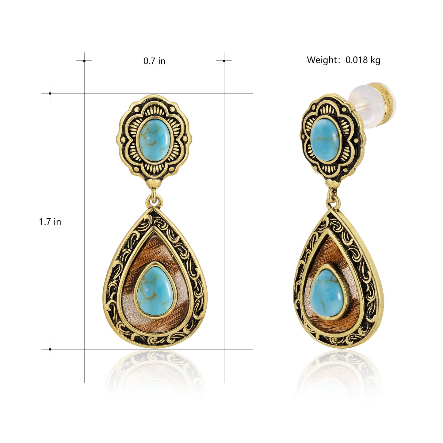 Wrangler Western TearDrop Dangle Earrings for Women Country Statement Genuine Horsehair Turquoise Vintage Cowgirl Cowboy Jewelry (Gold-Turquoise) WGE-2028G-TQ