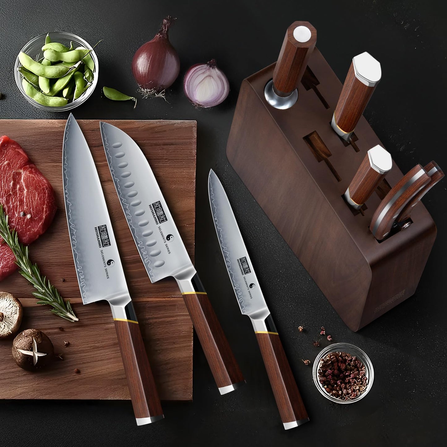 HOSHANHO 8 Pieces Knife Set with Magnetic Block, Ultra-Sharp High-carbon Steel Kitchen Knife Set, Professional Knife Block Set with Ergonomic Wooden Handle & Sharpener