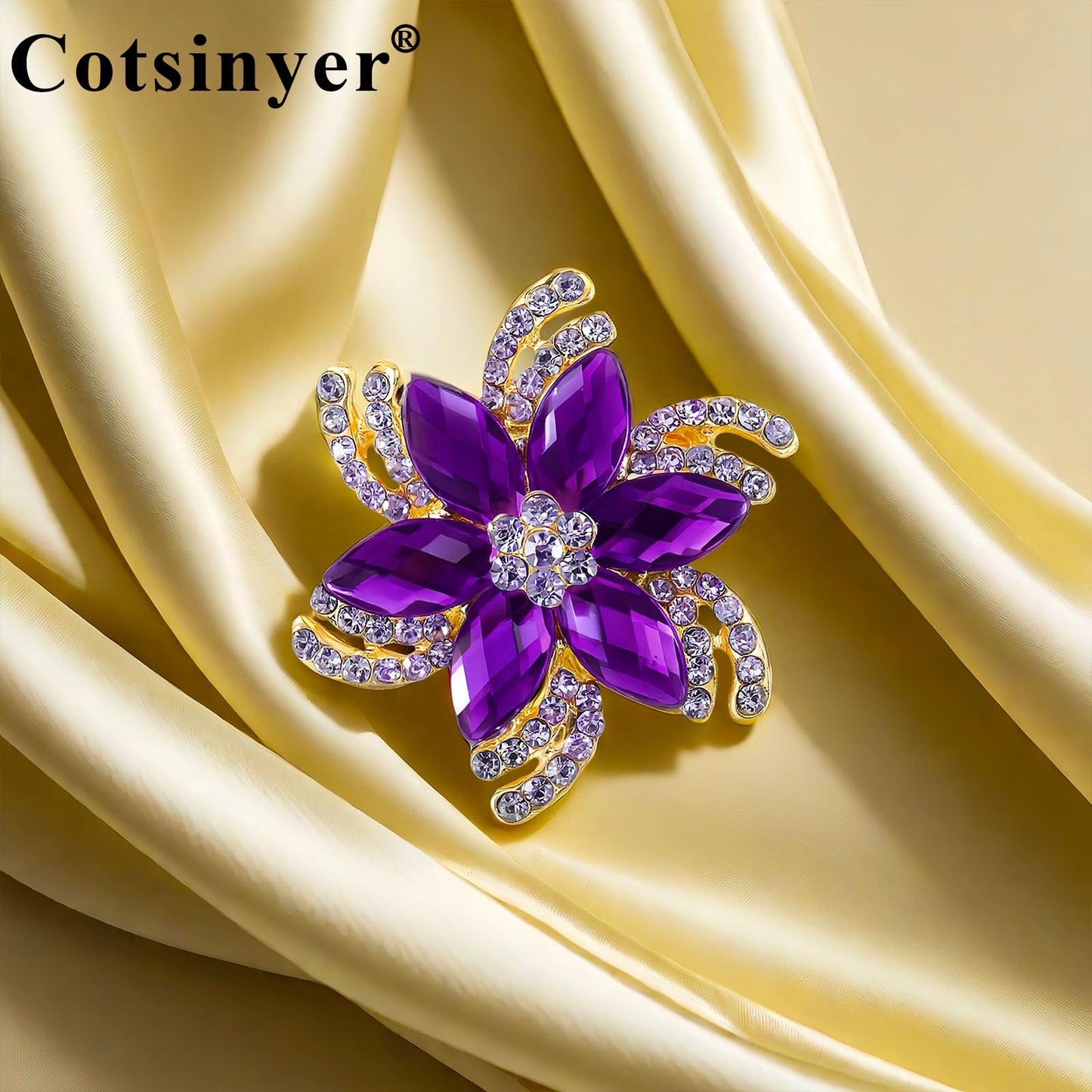 Cotsinyer Floral Brooch with Rhinestones-Elegant Gold and Purple Crystal Lapel Pin for Women,Ideal for Wedding, Party, Hat, and Scarf Accessory