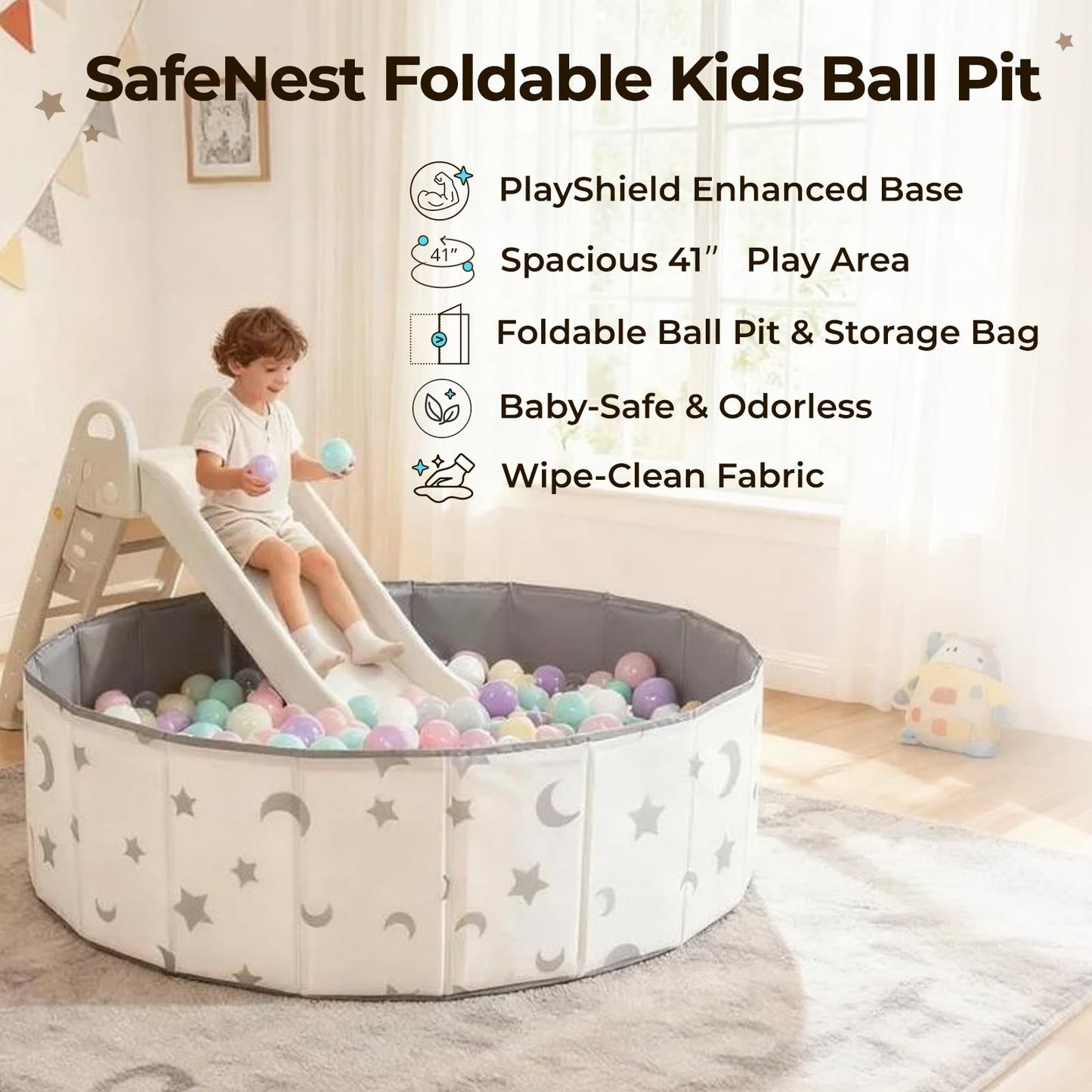 40Inch Kids Ball Pit, Foldable & Portable & Reusable Balls Pool for Toddlers,Playpen/Fence for Baby, Play Pool for Dog, Indoor & Outdoor Use, Oversized (Star/Moon)