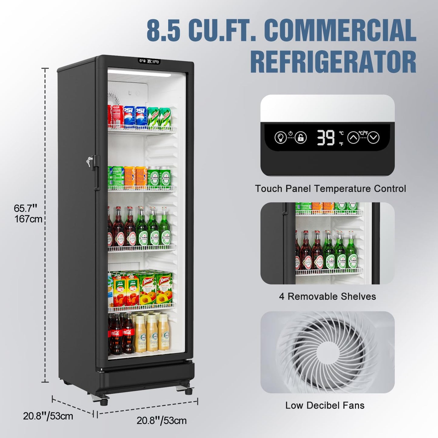 BEYOU Beverage Refrigerator, 8.5 cu. Ft Commercial Refrigerator Merchandiser with single Glass Door, Display Fridge for Living Room, Bar, Garage(Black)