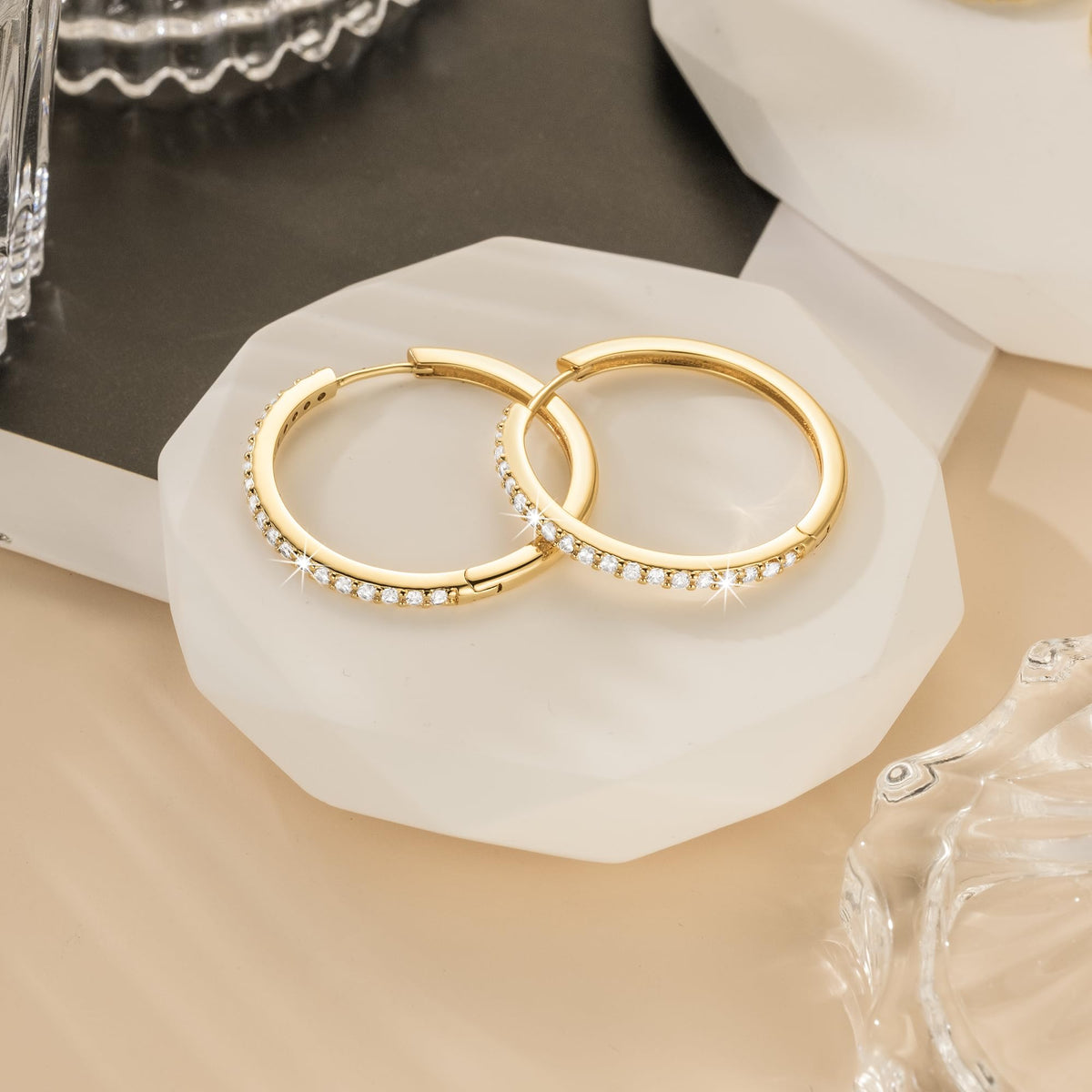 NEARLAND 14K Gold Hoop Earrings for Women 14K Gold Earrings for Women Small Gold Hoop Earring for Womens with Round Cubic Zirconia Lightweight Huggie Hoops Earring for Womens 12/14/16/20/25/30mm