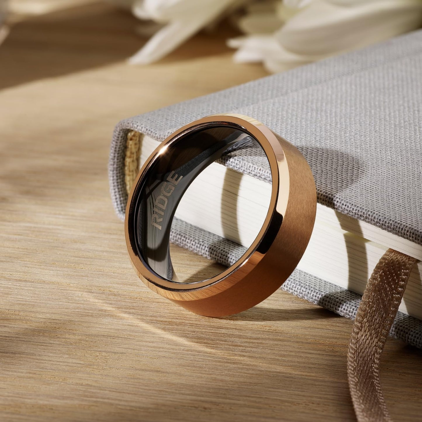 Ridge Beveled Ring Set 8mm - 18K Rose Gold - Tungsten - 8