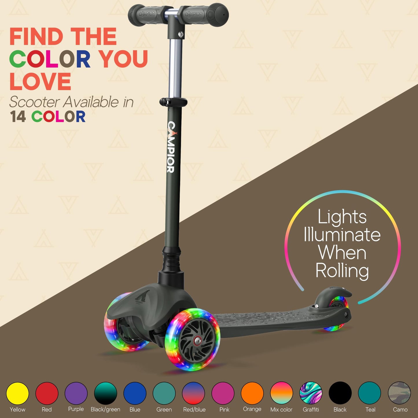 Black Mini 3 Wheel Scooter for Kids – Lean-to-Steer with LED Light-Up Wheels, Adjustable Handlebar, Wide Anti-Slip Deck, Smooth PU Wheels, Rear Foot Brake – Toddler Scooter for Ages 2+