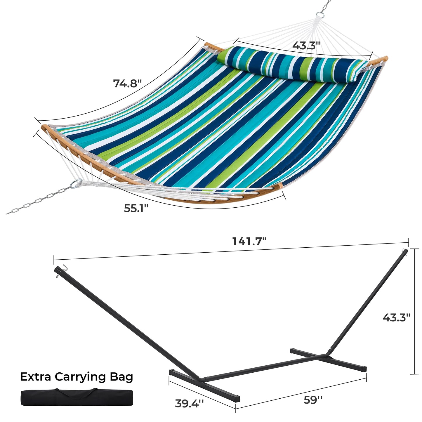 SUPERJARE Hammock with Stand, 2 Person Heavy Duty Hammock with Padded Cotton, Detachable Pillow & Strong Curved-Bar & Portable Carrying Bag, Perfect for Outdoor & Indoor - Dark Cyan