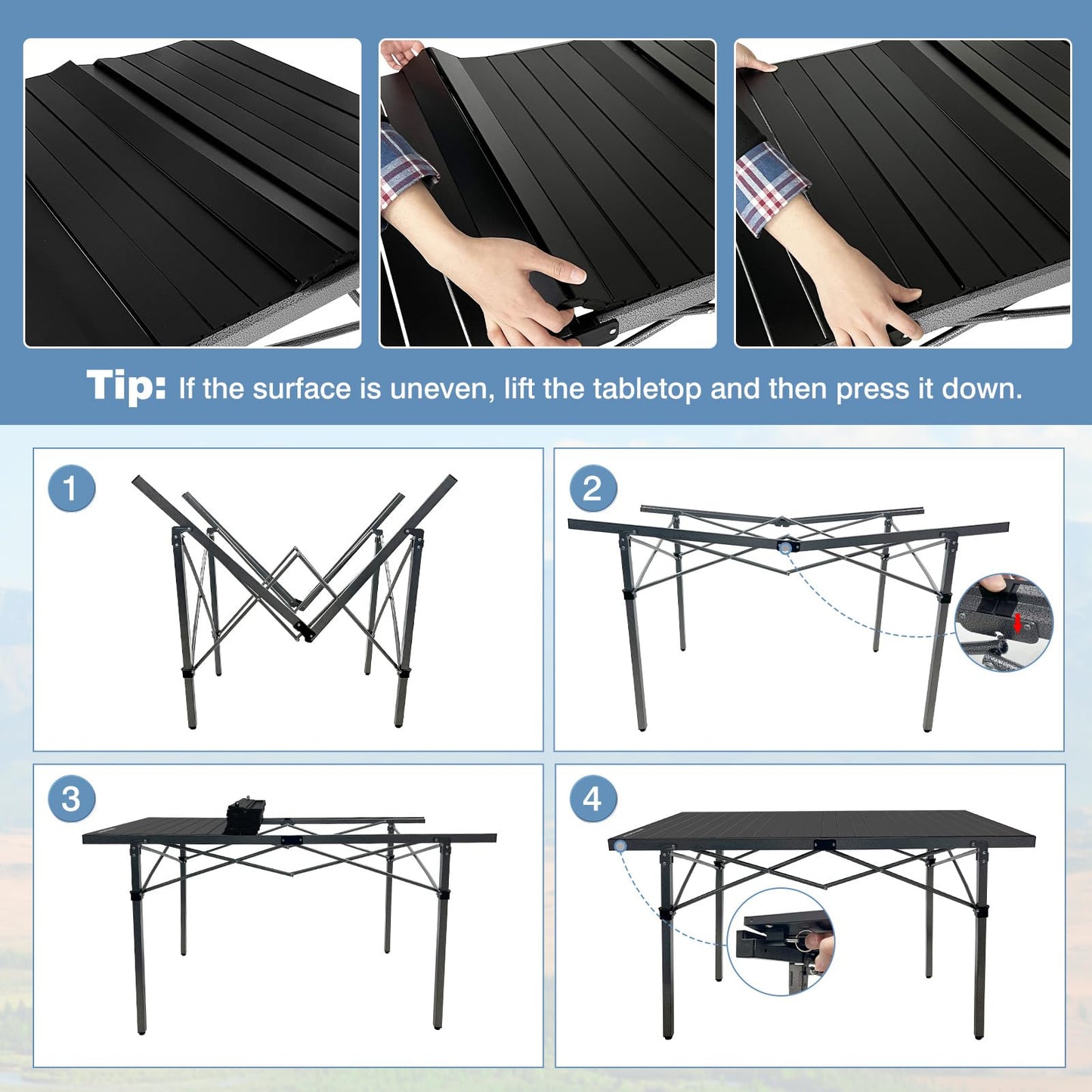 WKFAMOUT 29.9" Tall Folding Camping Table for 2-6 Person, 54.7" Large Aluminum Foldable Roll-up Table Outdoor with Carry Bag for Picnic, Camp, Sturdy, Backyard, Patio