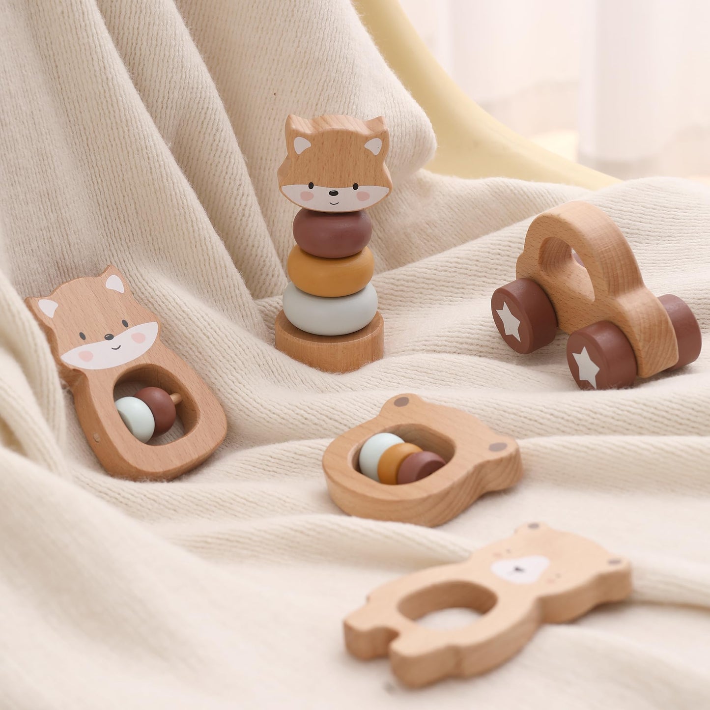 Freniland Wooden Montessori Toys, 5-Piece Wooden Baby Toys, Bear Baby Rattle, Fox Stacking Ring, Car Push and Pull Toys, Bear Grasping Toys,Newborn Baby Gift Sets for Boys and Girls