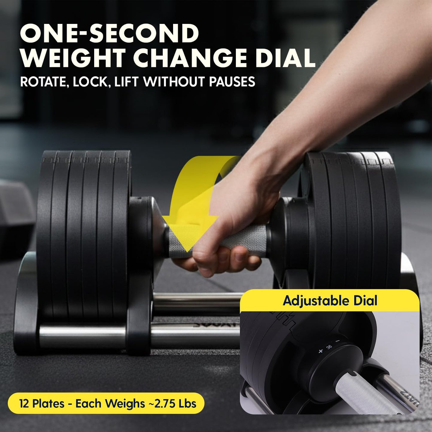 SQUATZ 45 lb Adjustable Dumbbells with Quick Weight Change, Space-Saving Dumbbell Set with Anti‑Slip Handle, Secure Locking System, Heavy‑Duty Plates & Base for Home Workout and Strength Training