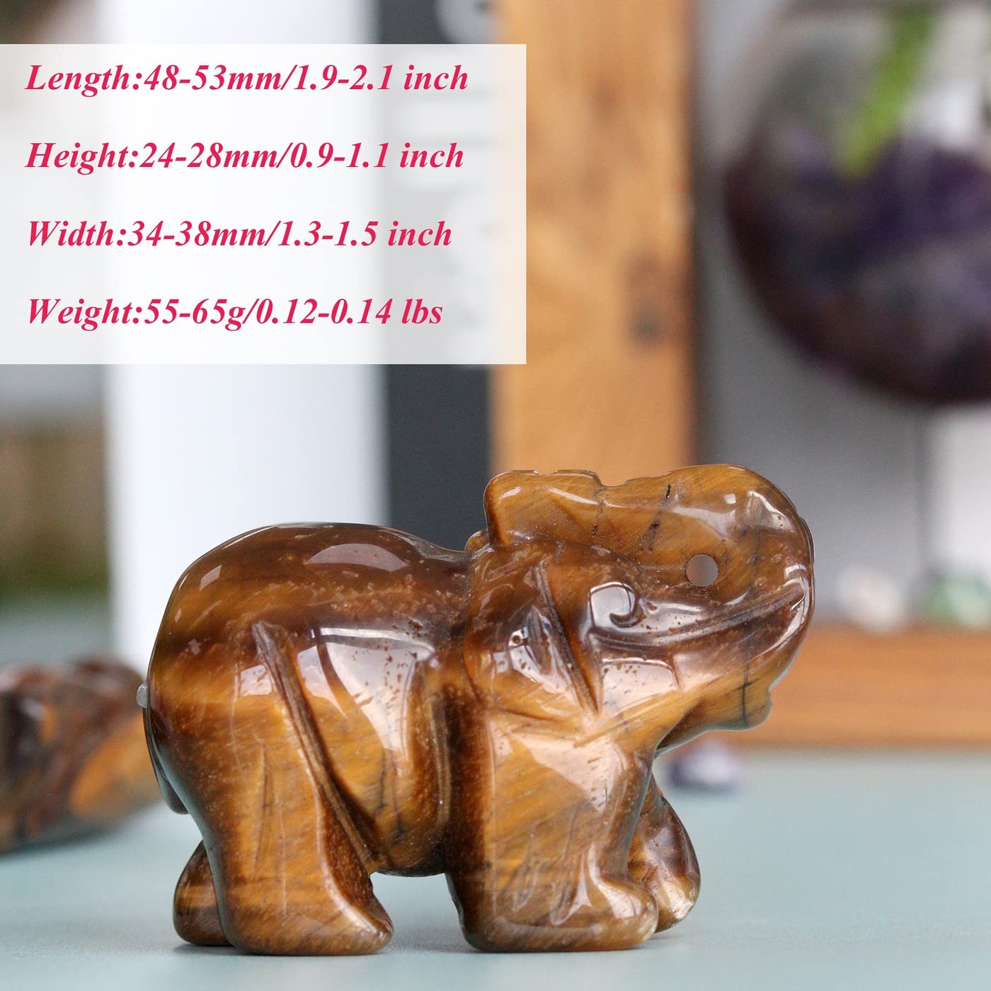 2" Tigers Eye Elephant Decor Healing Crystal Cute Polished Natural Stone Hand-Carved Big Sculpture Statue Figurines Gemstone Energy Hippie Home Room Office Desk Decoration Gifts for Women Men