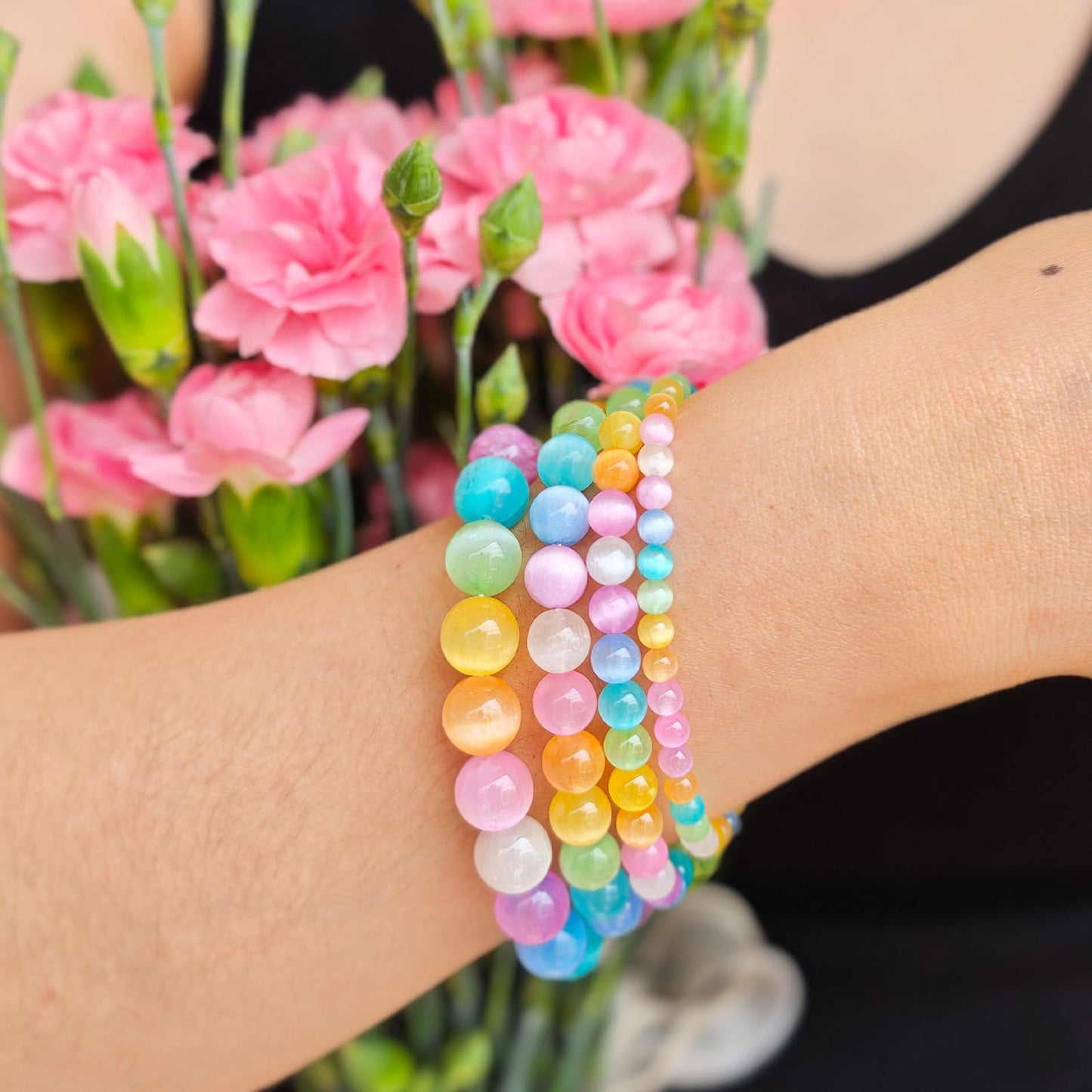 Handmade Natural Gemstone Elastic Bracelet - Healing Crystal Beads Jewelry, Unisex (Colourful Selenite, 4mm)